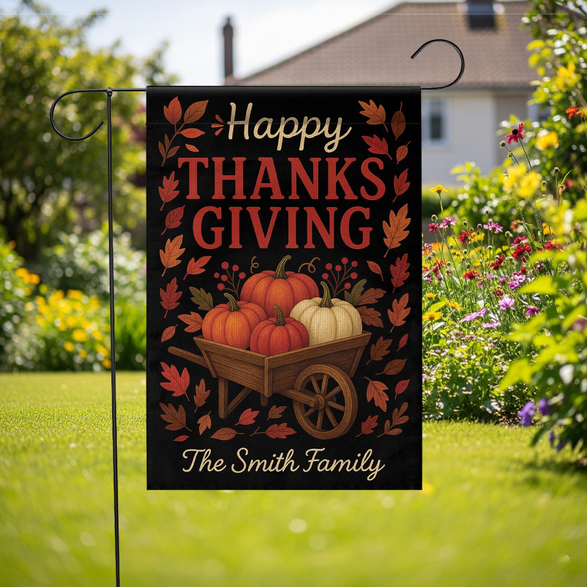 Happy Thanksgiving Garden Flag: Personalized Fall Yard Flag with Pumpkin Wheelbarrow