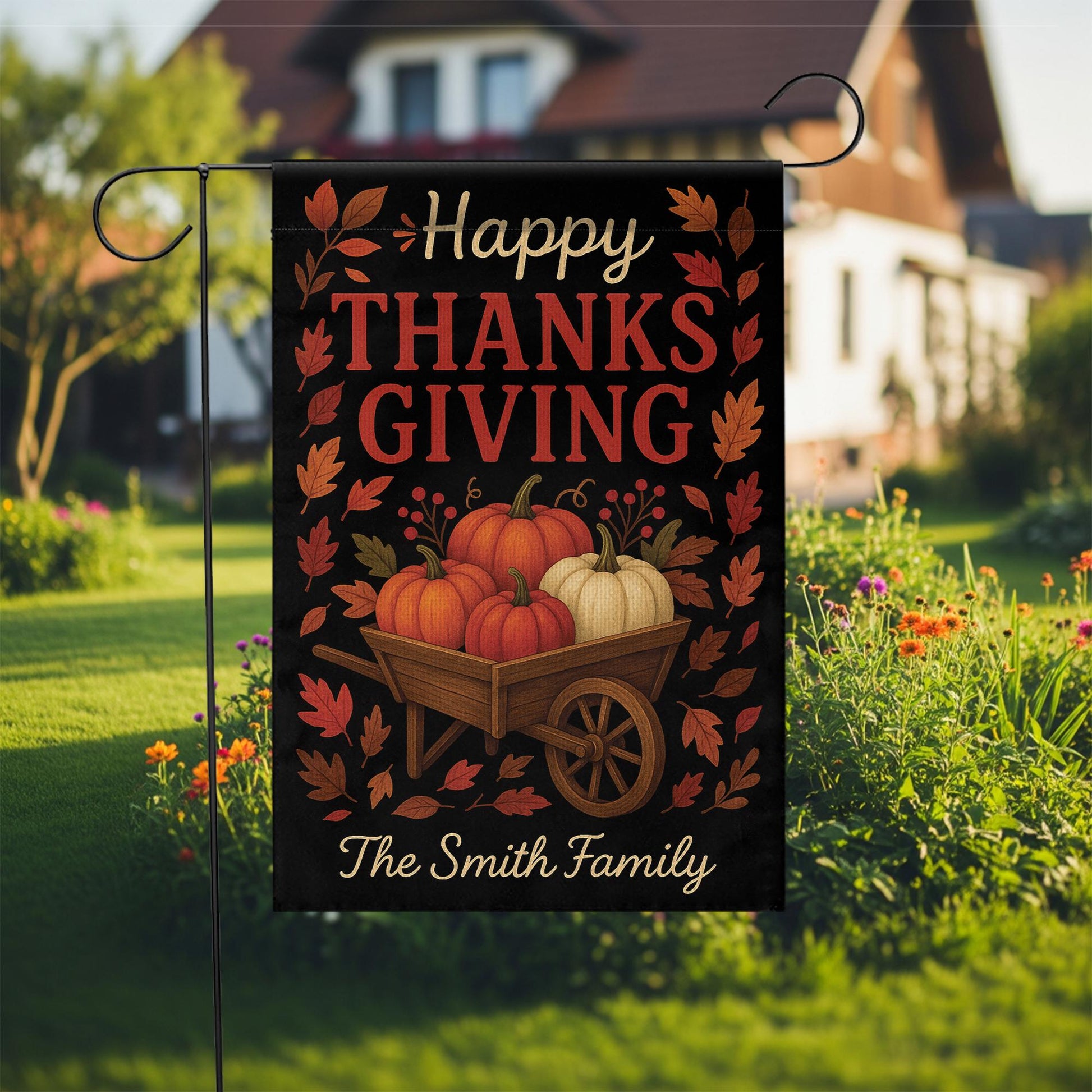 Happy Thanksgiving Garden Flag: Personalized Fall Yard Flag with Pumpkin Wheelbarrow