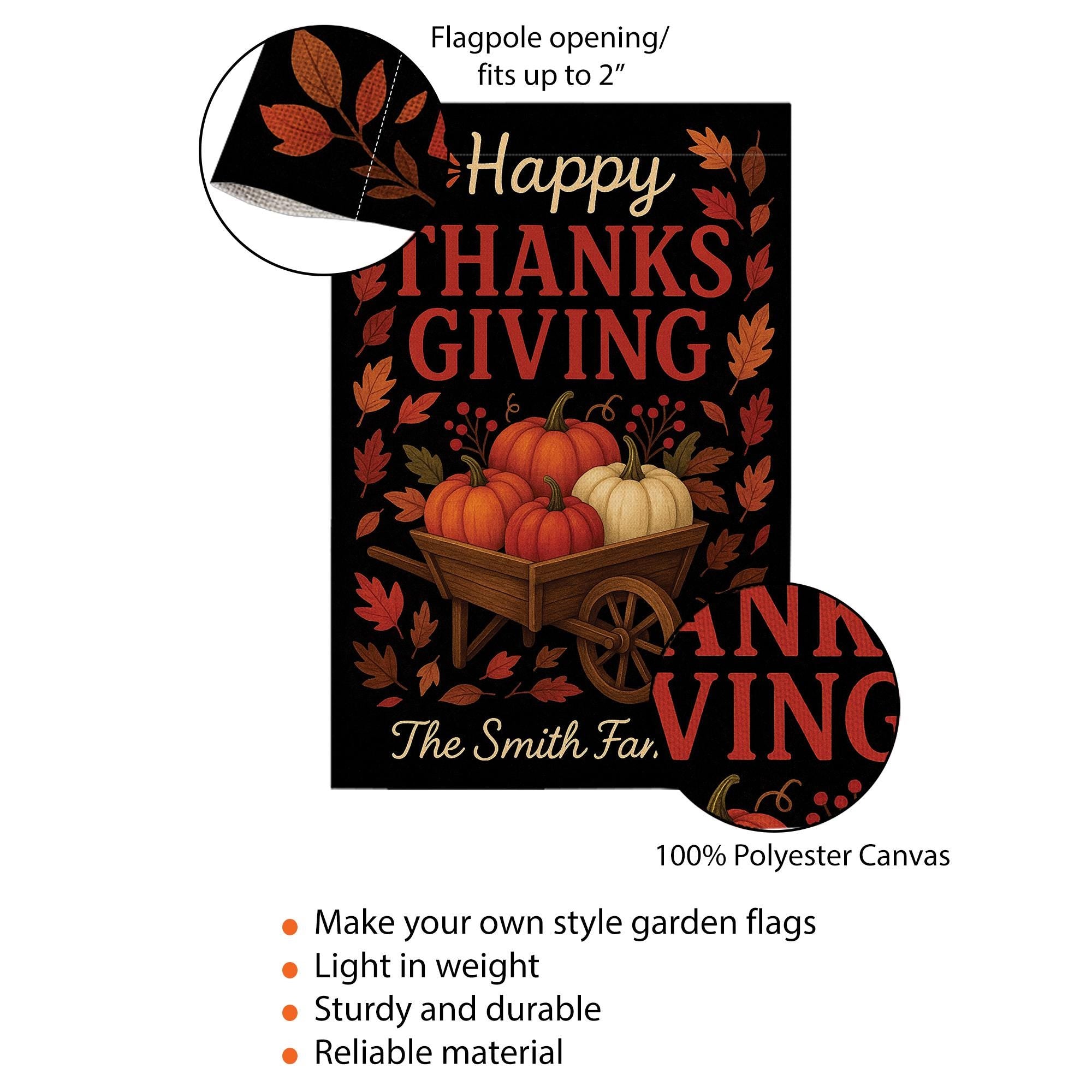 Happy Thanksgiving Garden Flag: Personalized Fall Yard Flag with Pumpkin Wheelbarrow