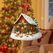 Farmhouse Christmas Ornament: Cozy Cabin, Chickens, Snowy Trees