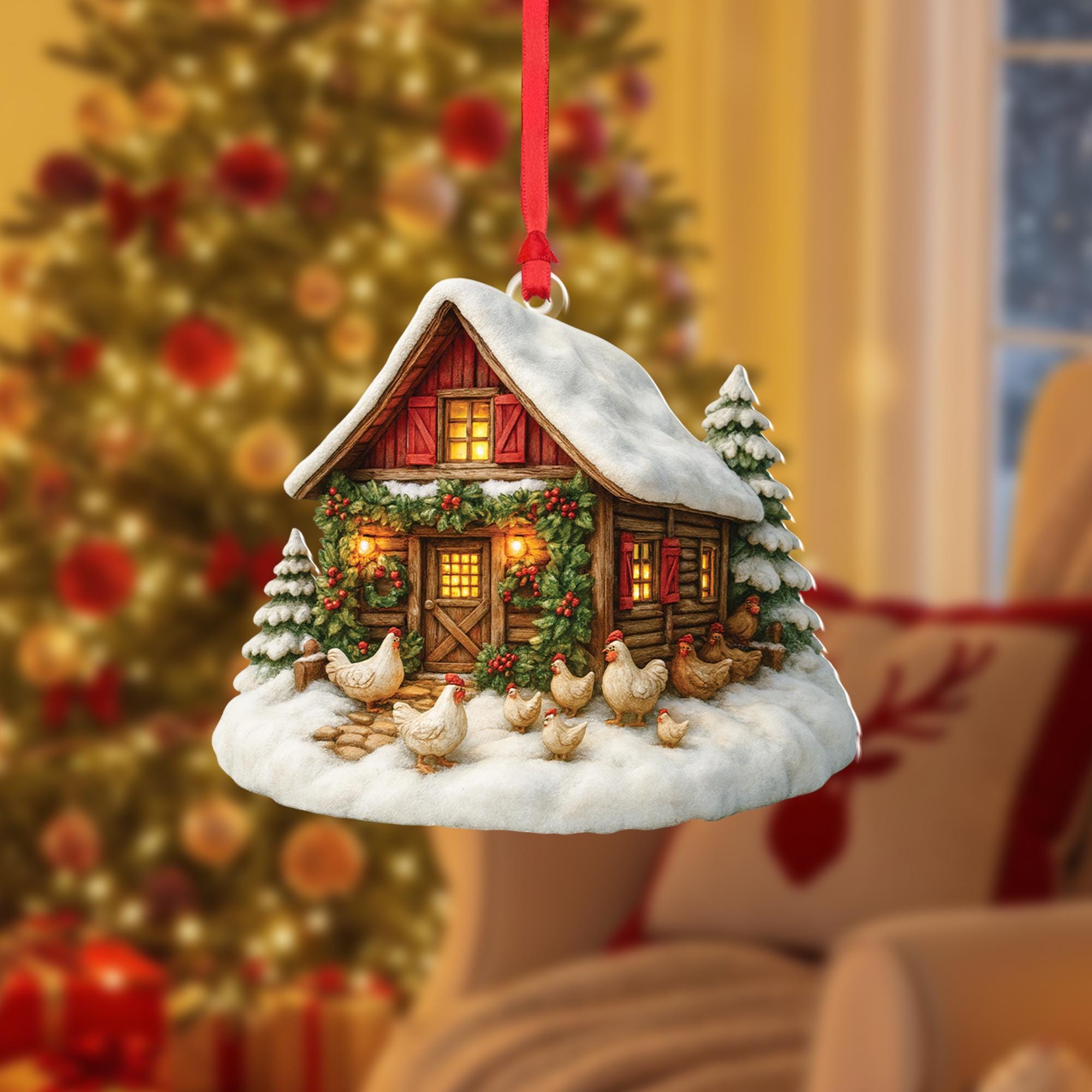 Farmhouse Christmas Ornament: Cozy Cabin, Chickens, Snowy Trees