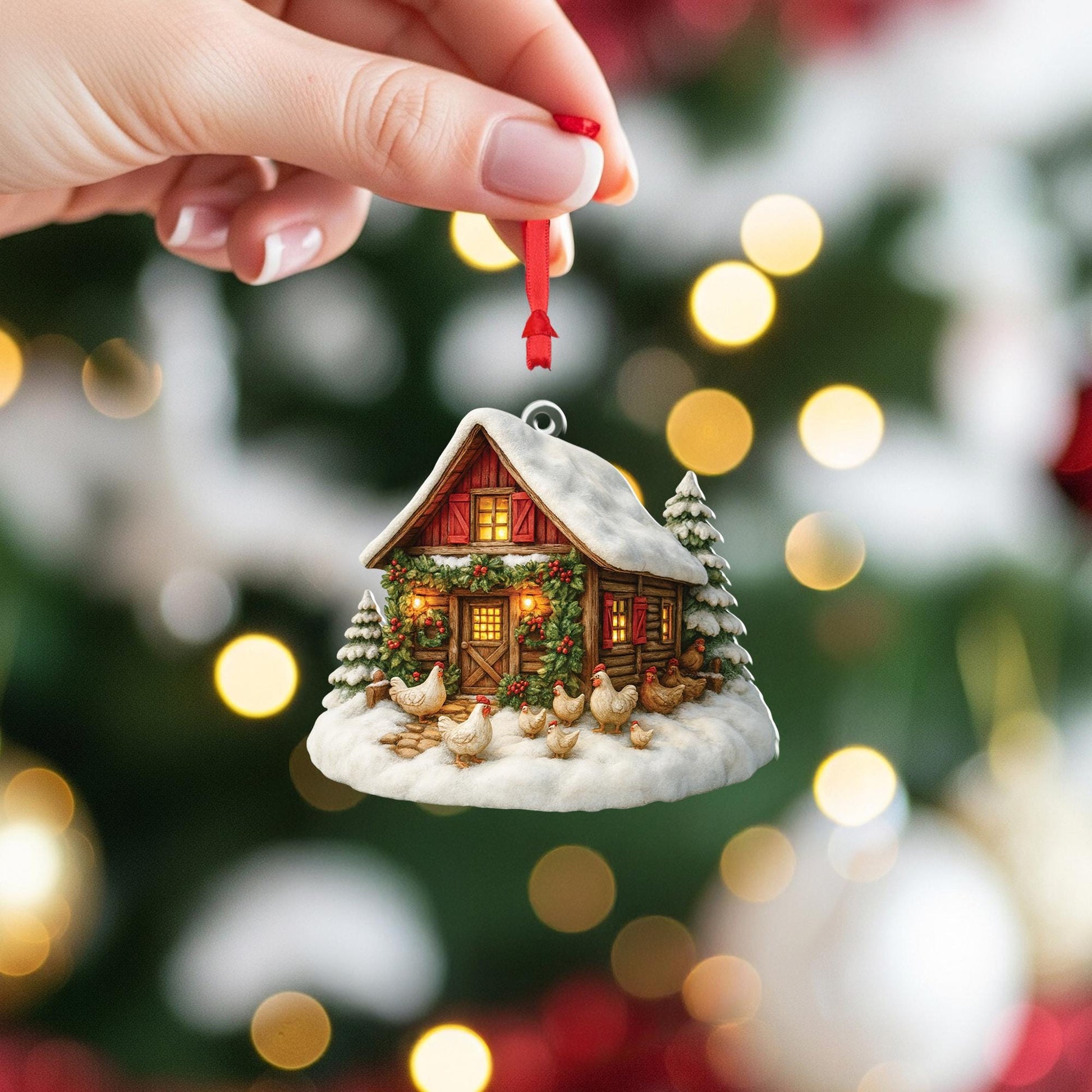 Farmhouse Christmas Ornament: Cozy Cabin, Chickens, Snowy Trees