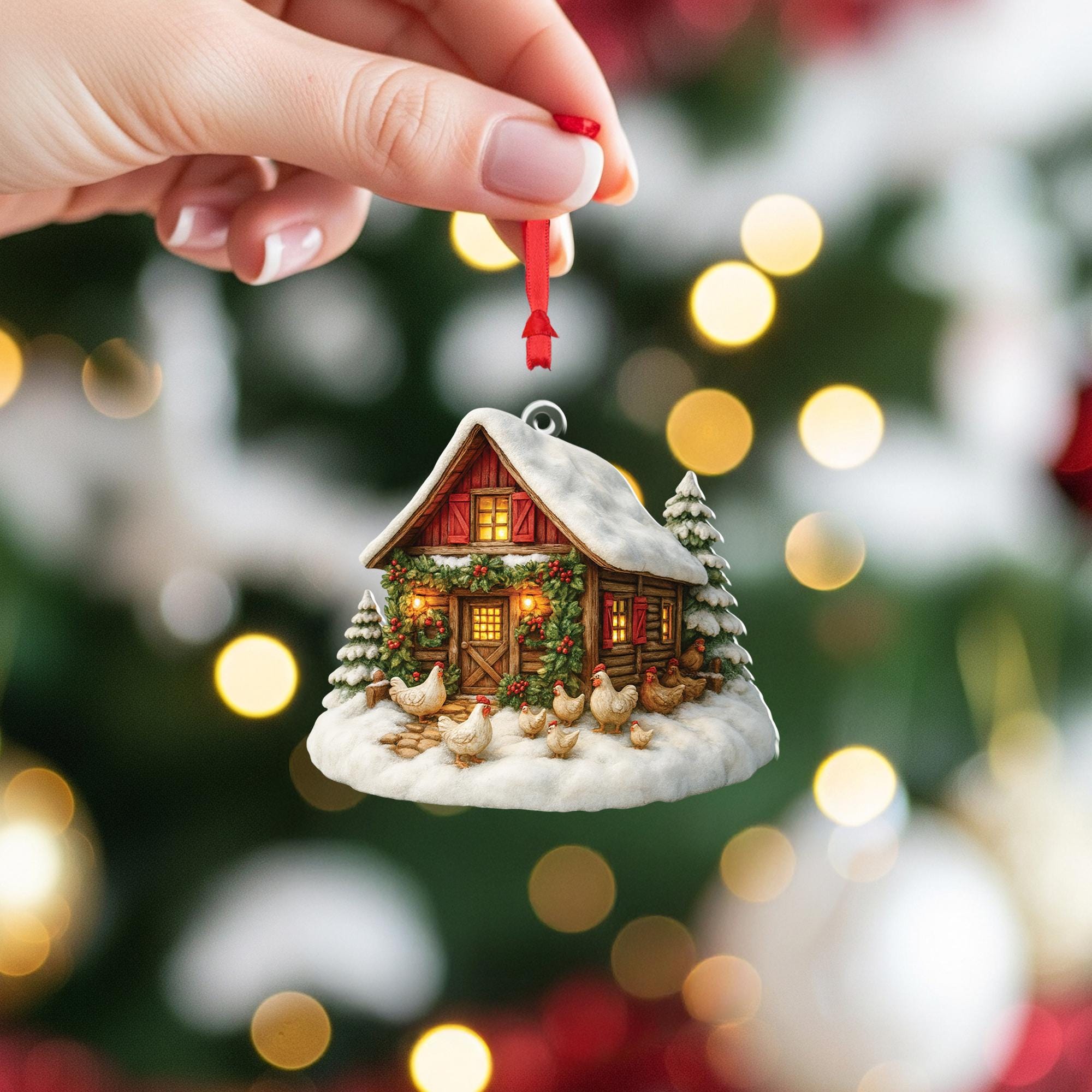 Farmhouse Christmas Ornament: Cozy Cabin, Chickens, Snowy Trees