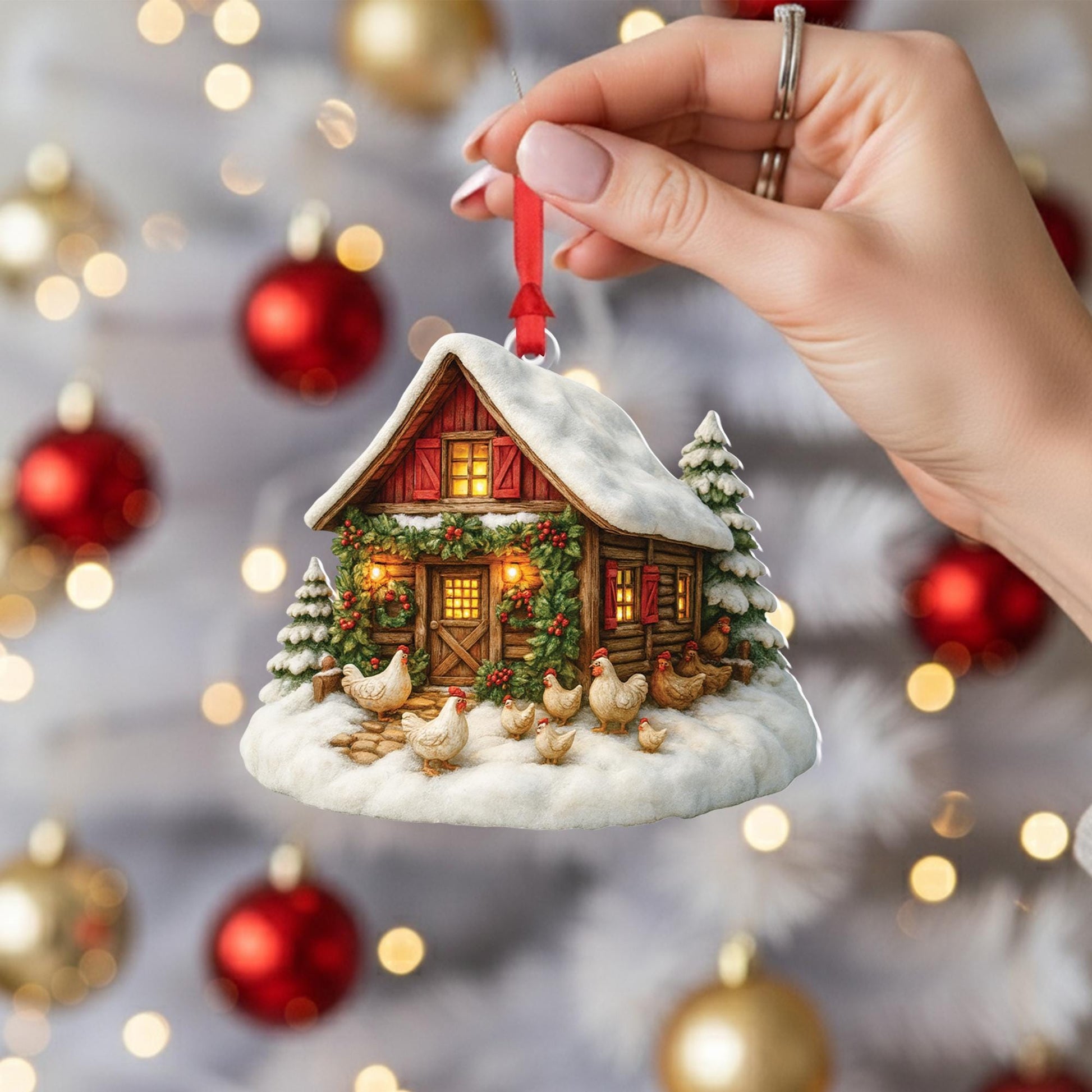 Farmhouse Christmas Ornament: Cozy Cabin, Chickens, Snowy Trees