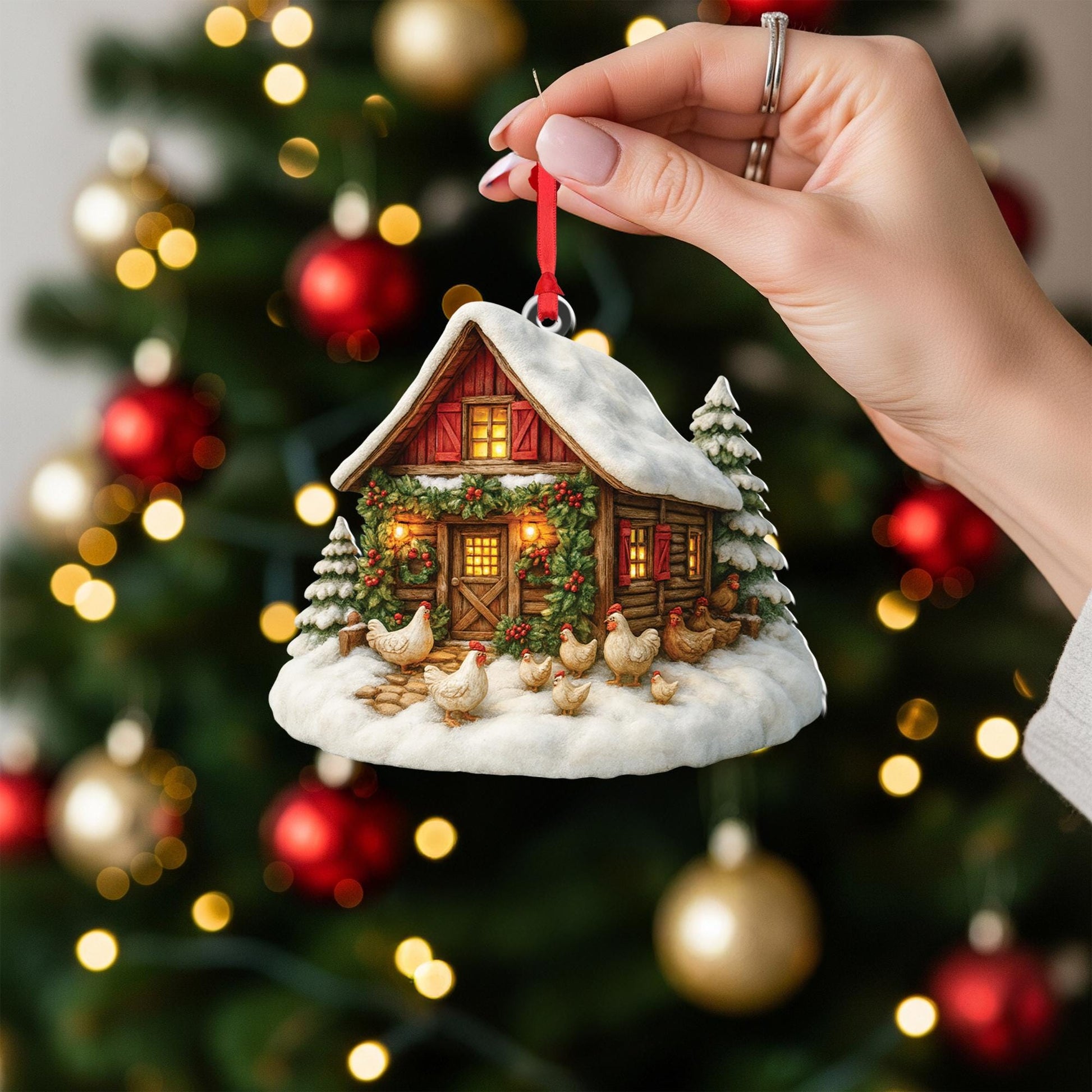 Farmhouse Christmas Ornament: Cozy Cabin, Chickens, Snowy Trees