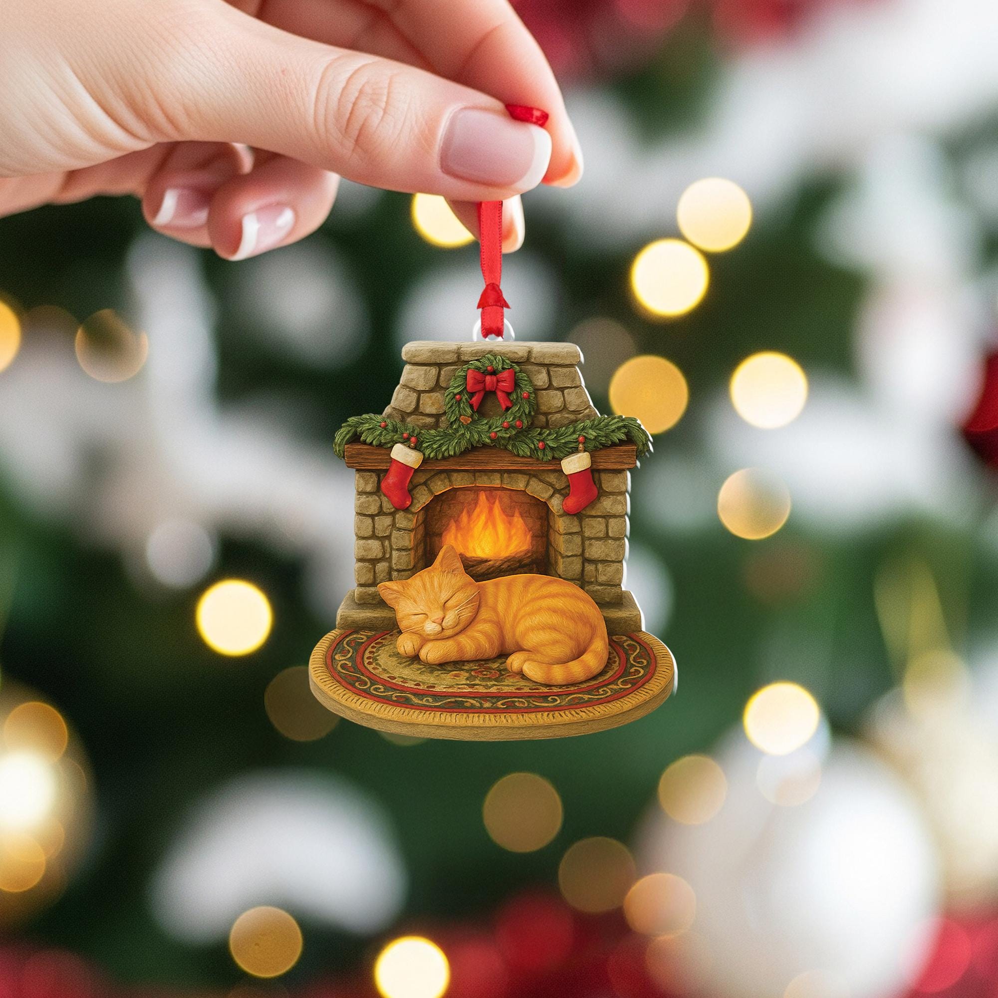 Cozy Cat Christmas Ornament | Fireplace Holiday Decoration with Sleeping Kitten | Cute Gift for Cat Lovers & Pet Owners
