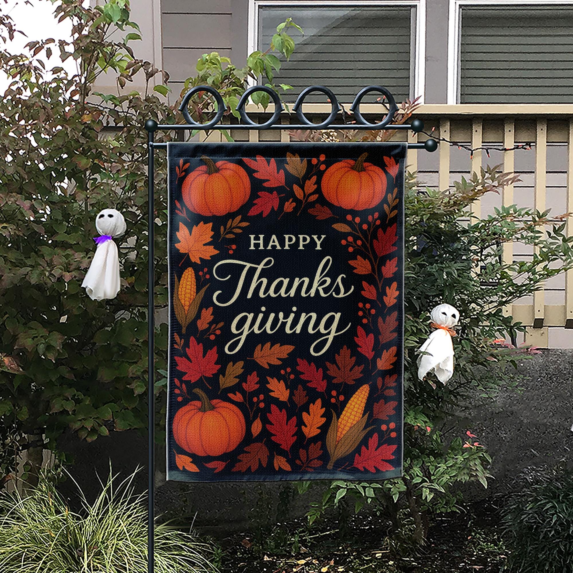 Happy Thanksgiving Garden Flag: Fall Yard Decoration with Pumpkins and Corn