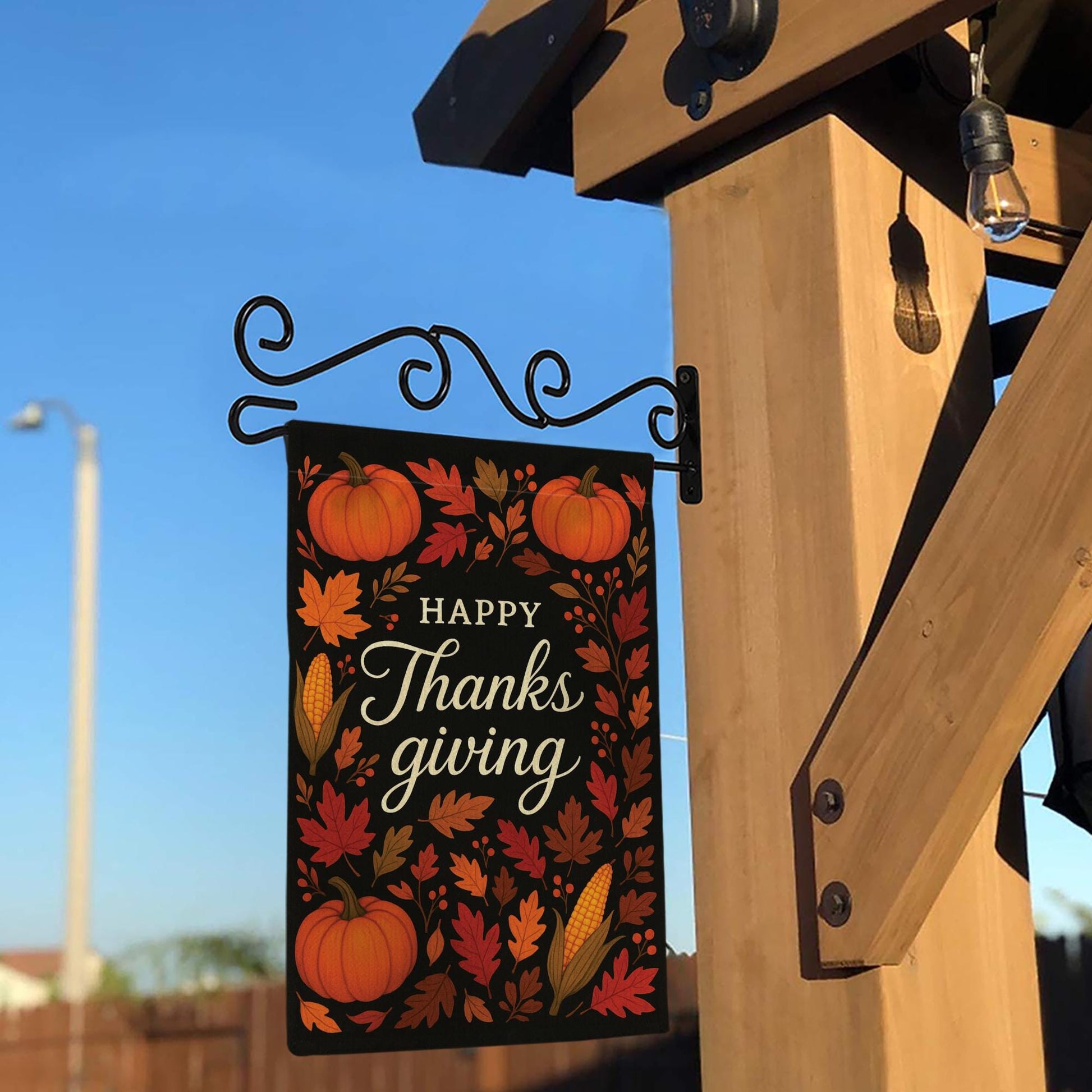 Happy Thanksgiving Garden Flag: Fall Yard Decoration with Pumpkins and Corn