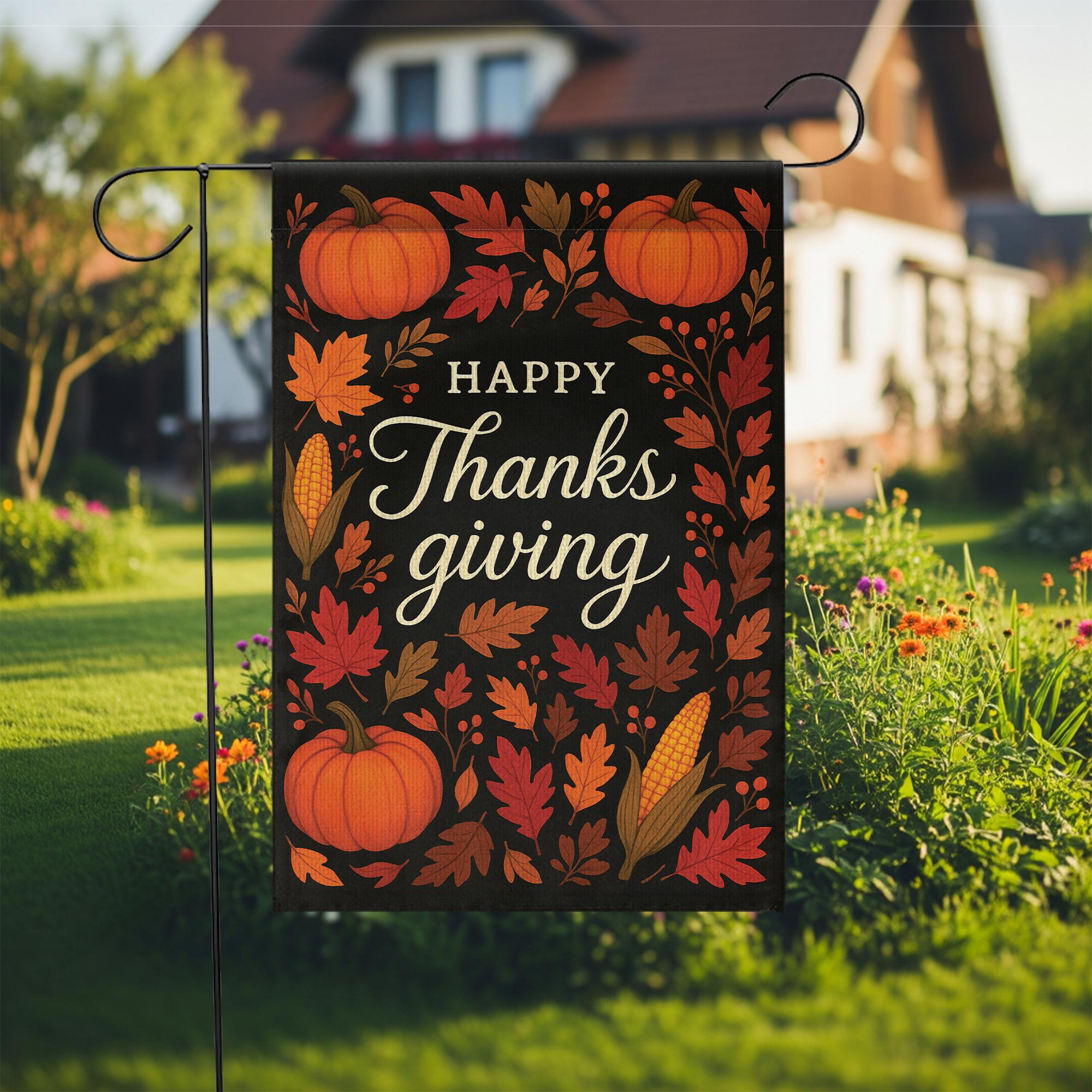 Happy Thanksgiving Garden Flag: Fall Yard Decoration with Pumpkins and Corn