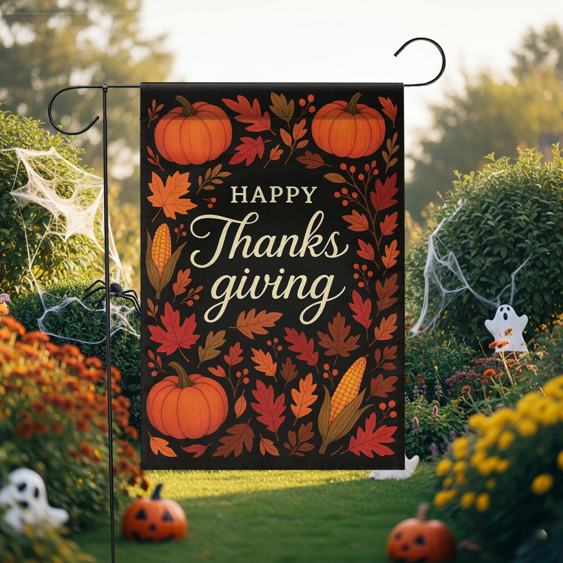 Happy Thanksgiving Garden Flag: Fall Yard Decoration with Pumpkins and Corn