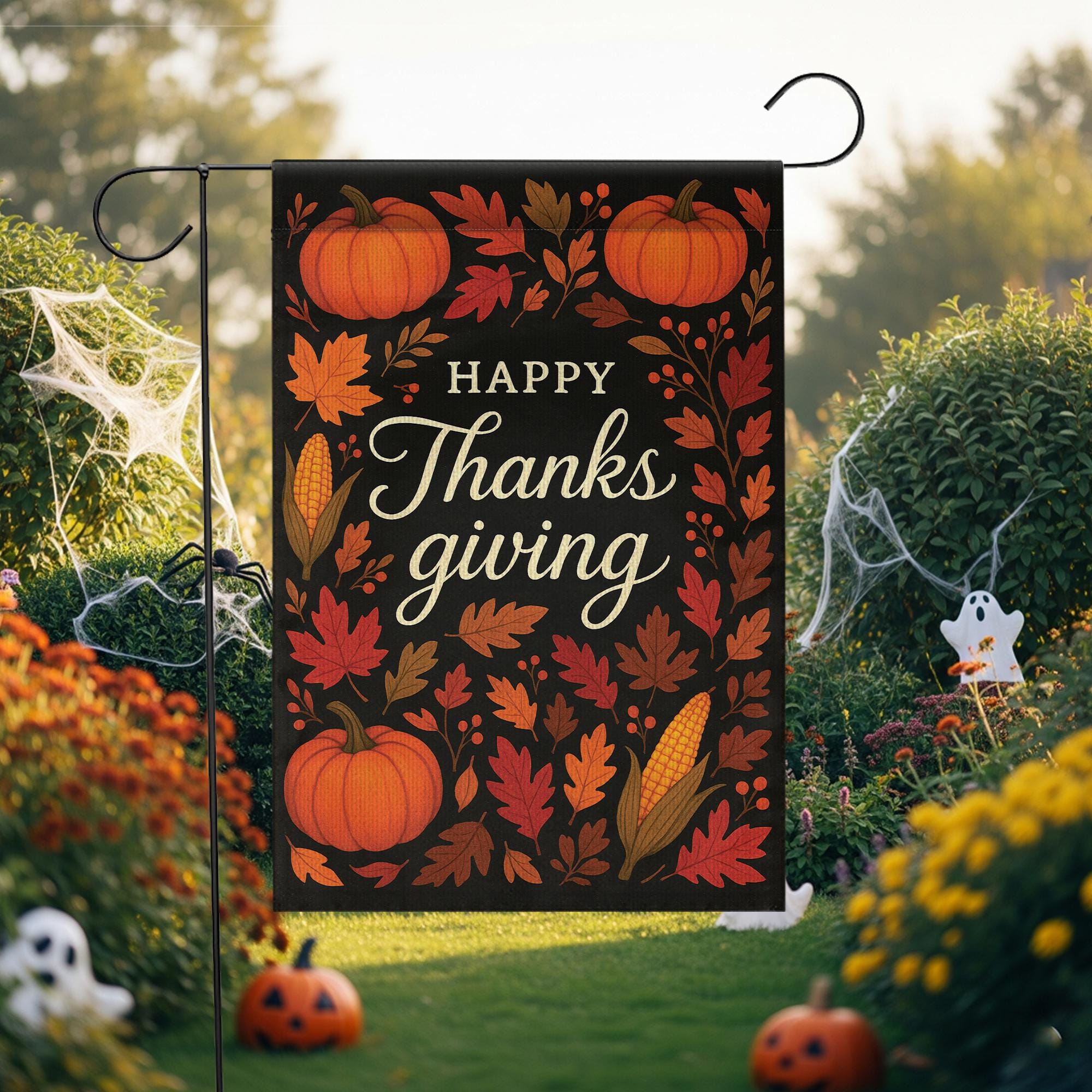 Happy Thanksgiving Garden Flag: Fall Yard Decoration with Pumpkins and Corn