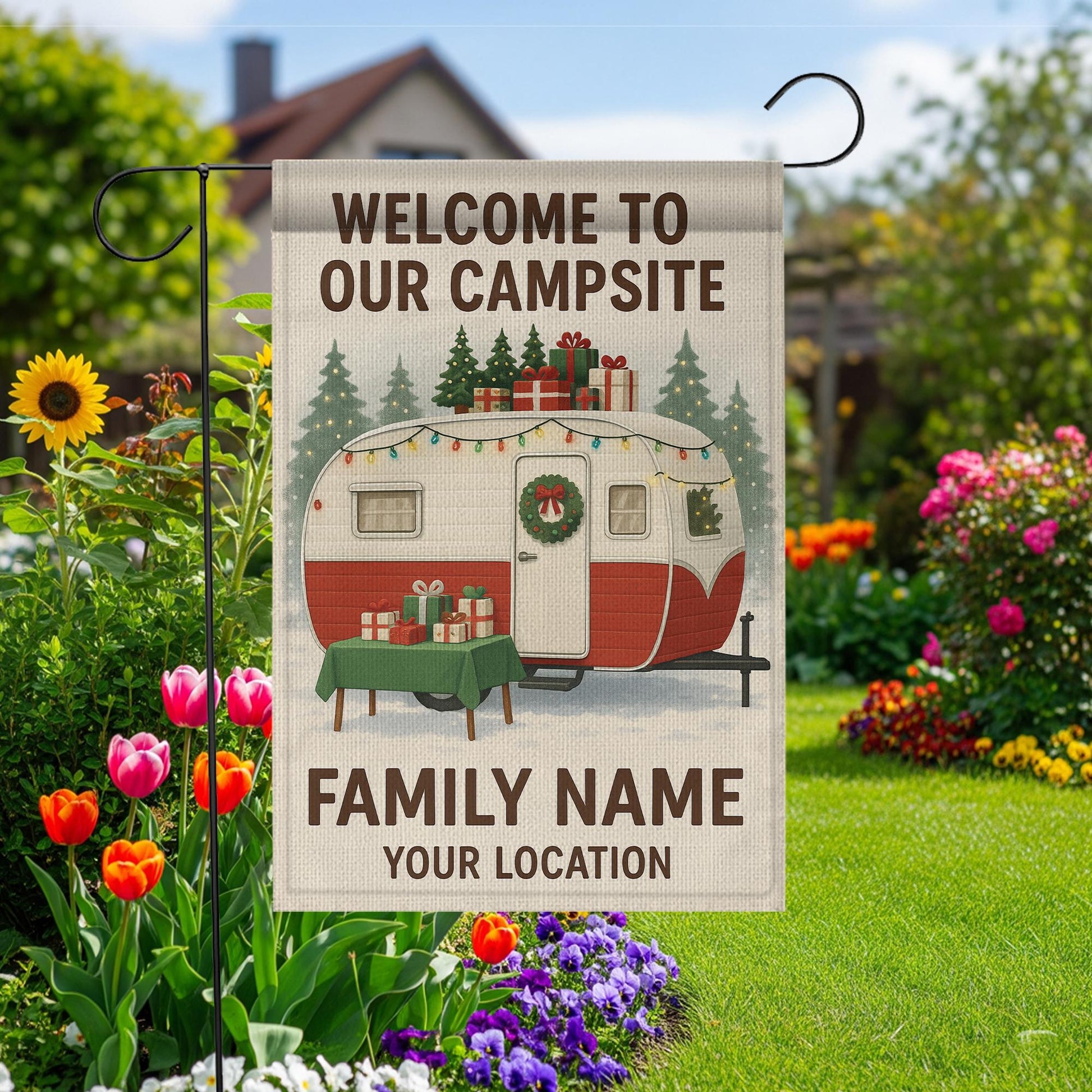 Christmas Camper Garden Flag: Personalized Campsite Yard Decor