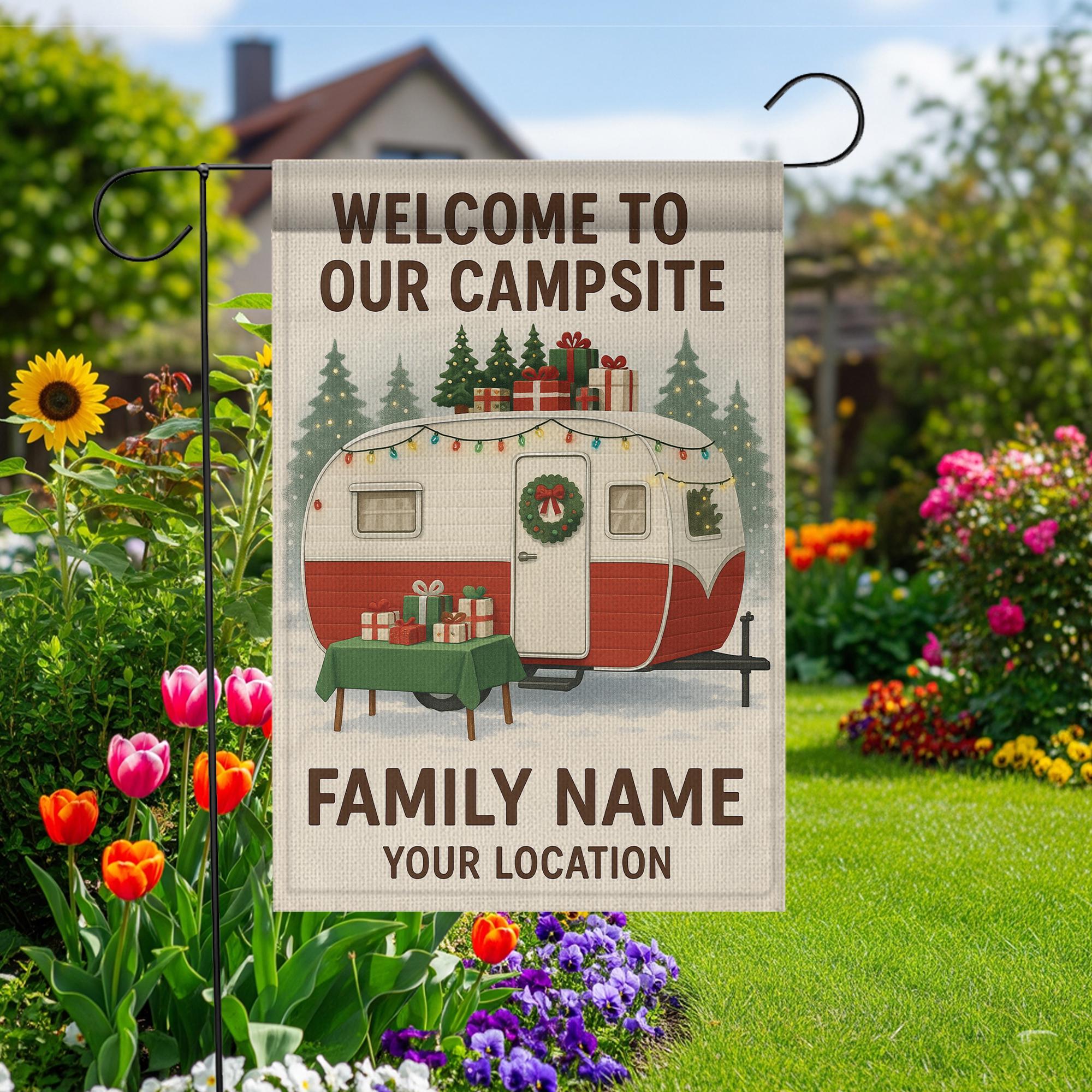 Christmas Camper Garden Flag: Personalized Campsite Yard Decor