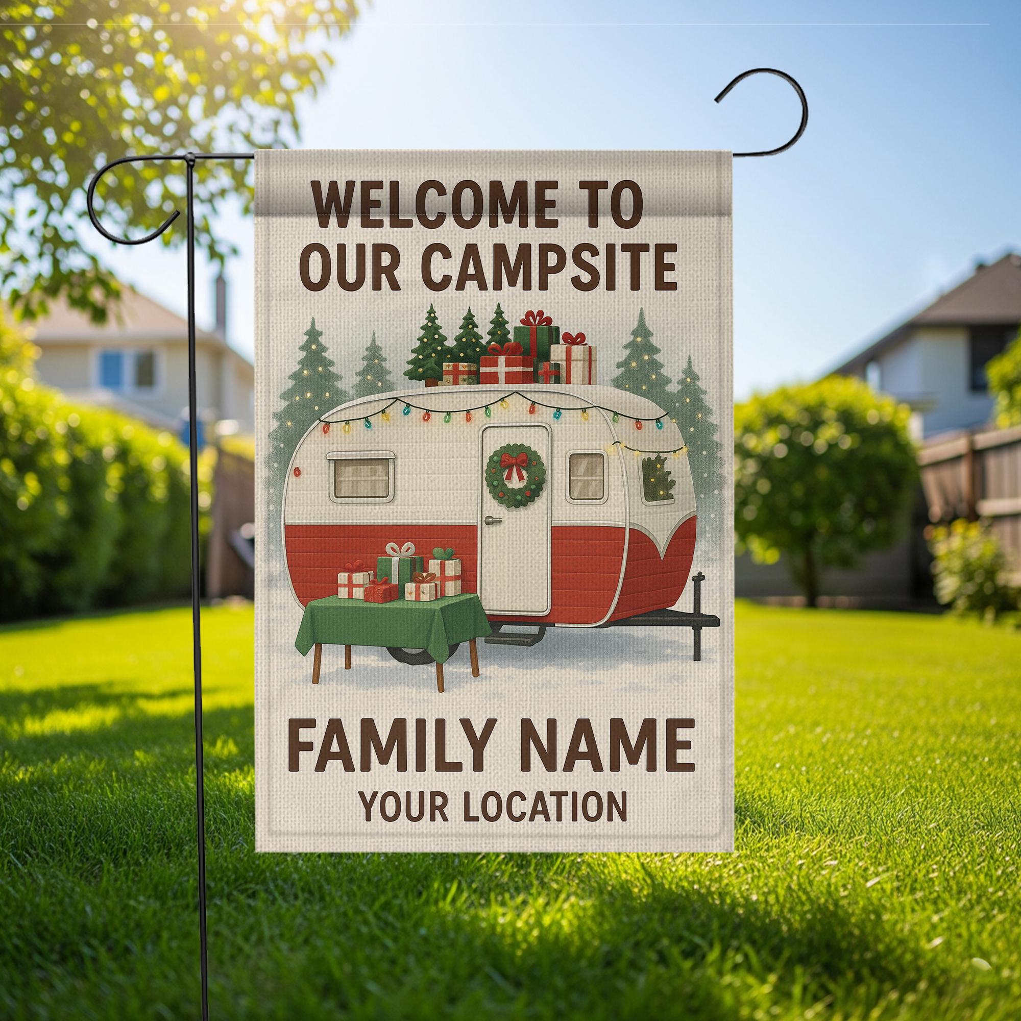 Christmas Camper Garden Flag: Personalized Campsite Yard Decor