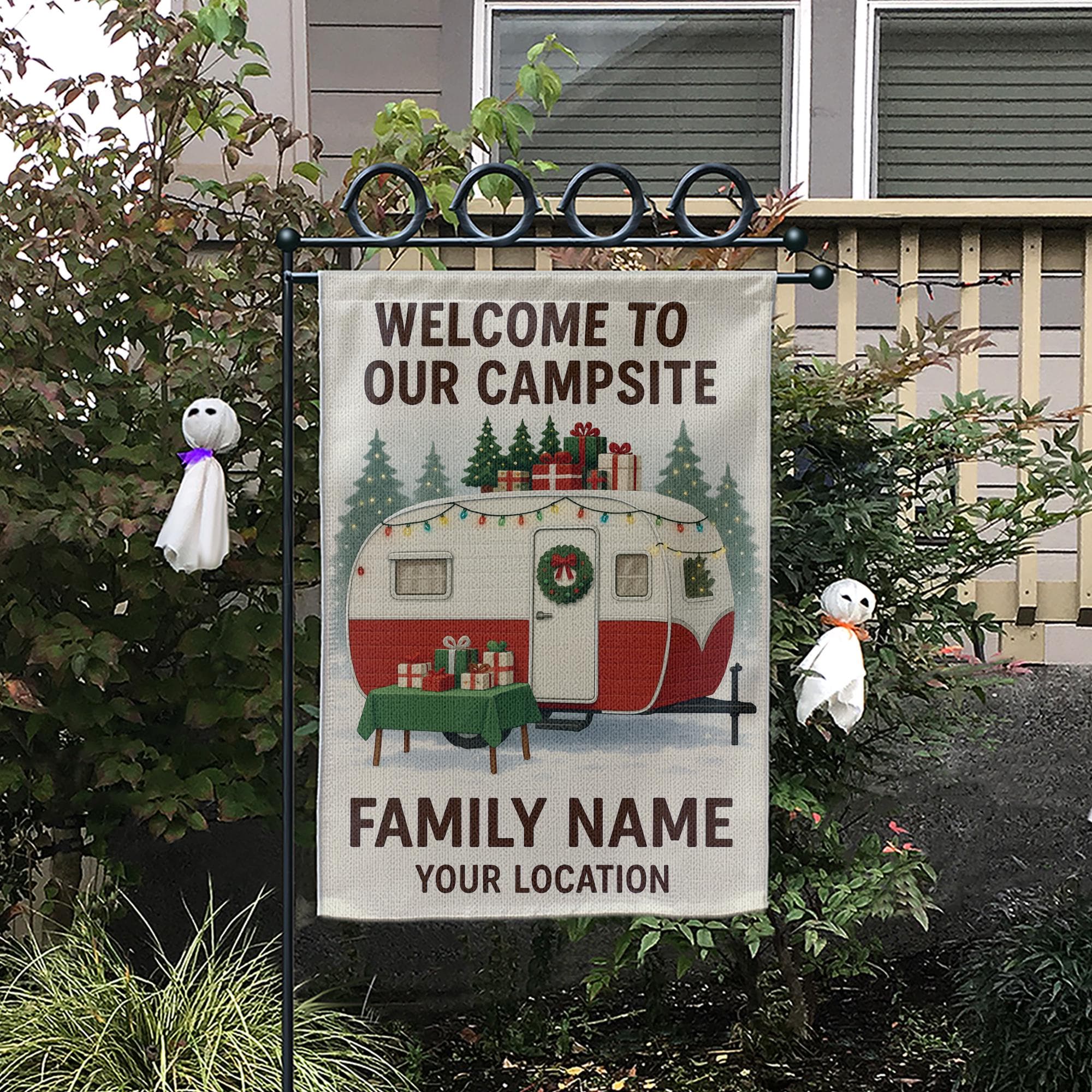 Christmas Camper Garden Flag: Personalized Campsite Yard Decor