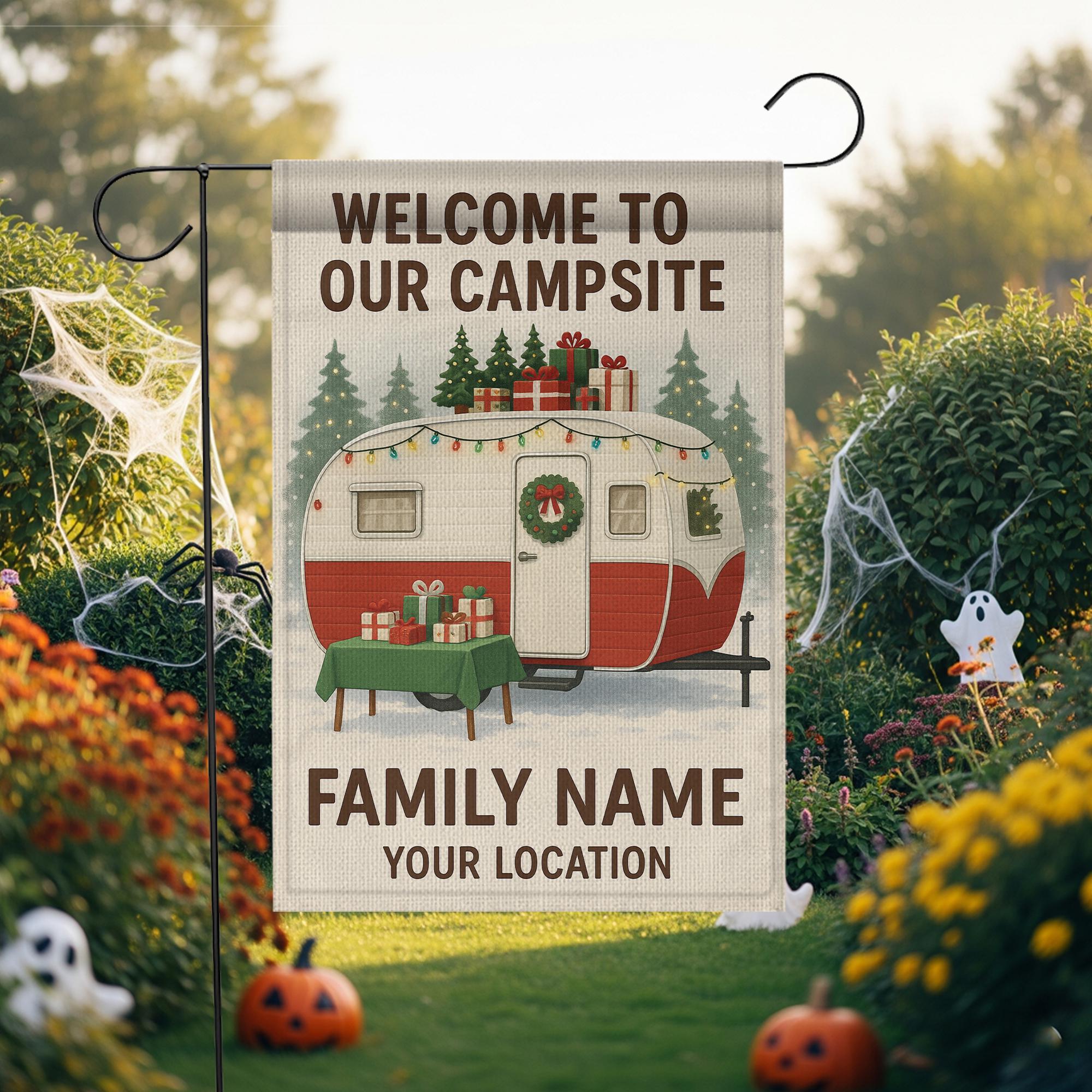 Christmas Camper Garden Flag: Personalized Campsite Yard Decor