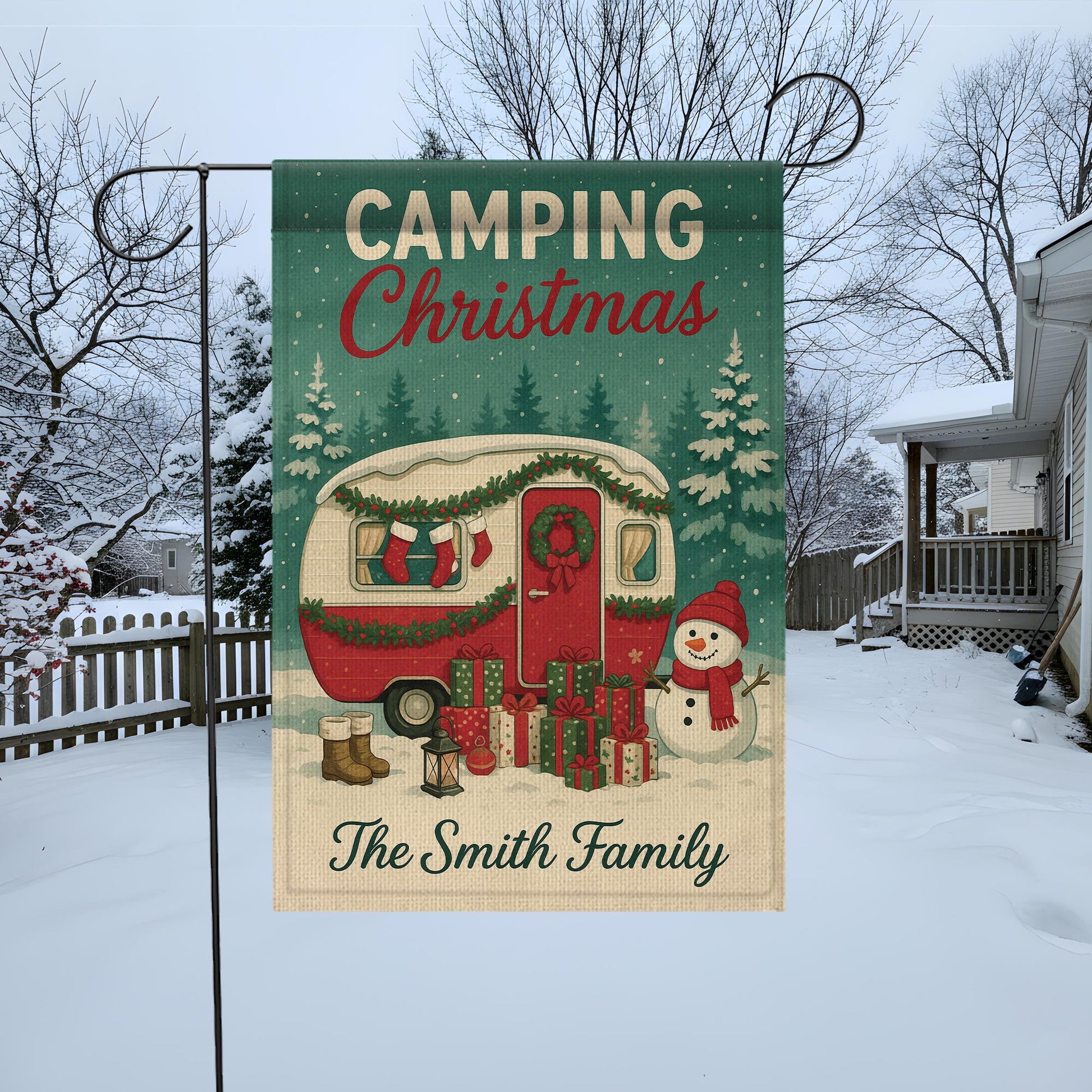 Camping Christmas Garden Flag: Personalized Holiday Camper Yard Decor with Snowman
