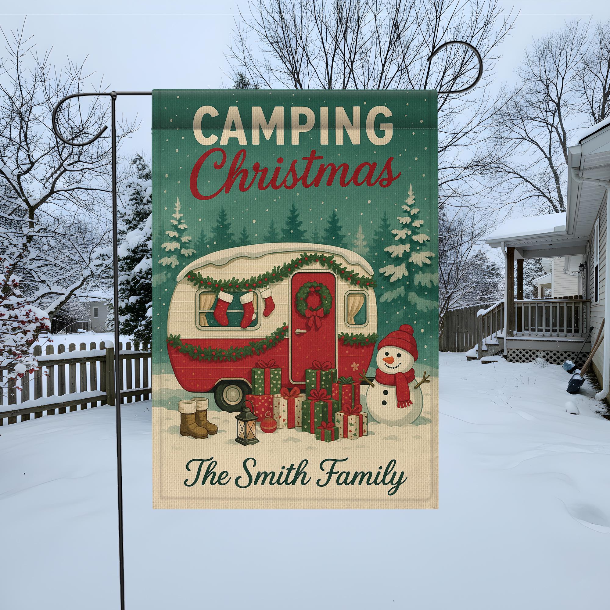 Camping Christmas Garden Flag: Personalized Holiday Camper Yard Decor with Snowman