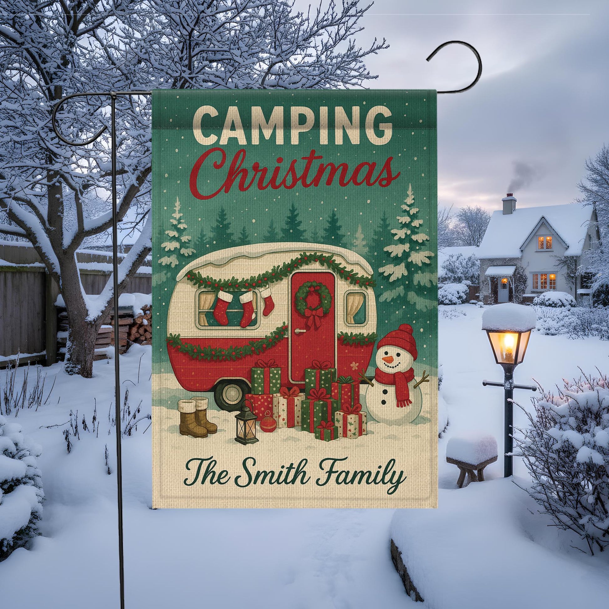 Camping Christmas Garden Flag: Personalized Holiday Camper Yard Decor with Snowman