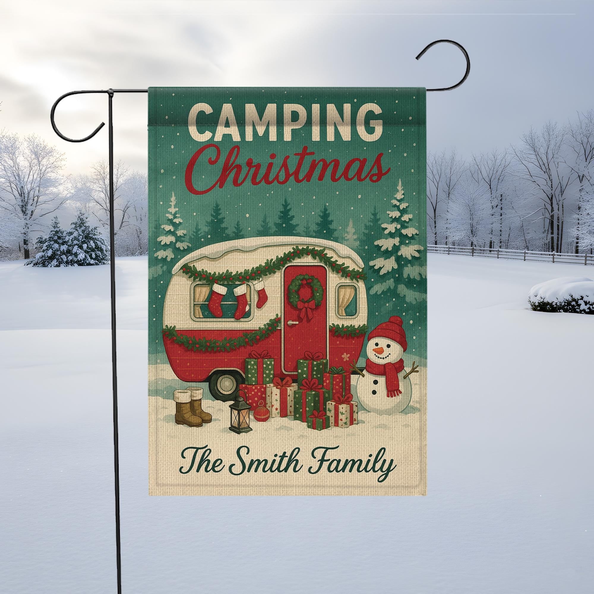 Camping Christmas Garden Flag: Personalized Holiday Camper Yard Decor with Snowman