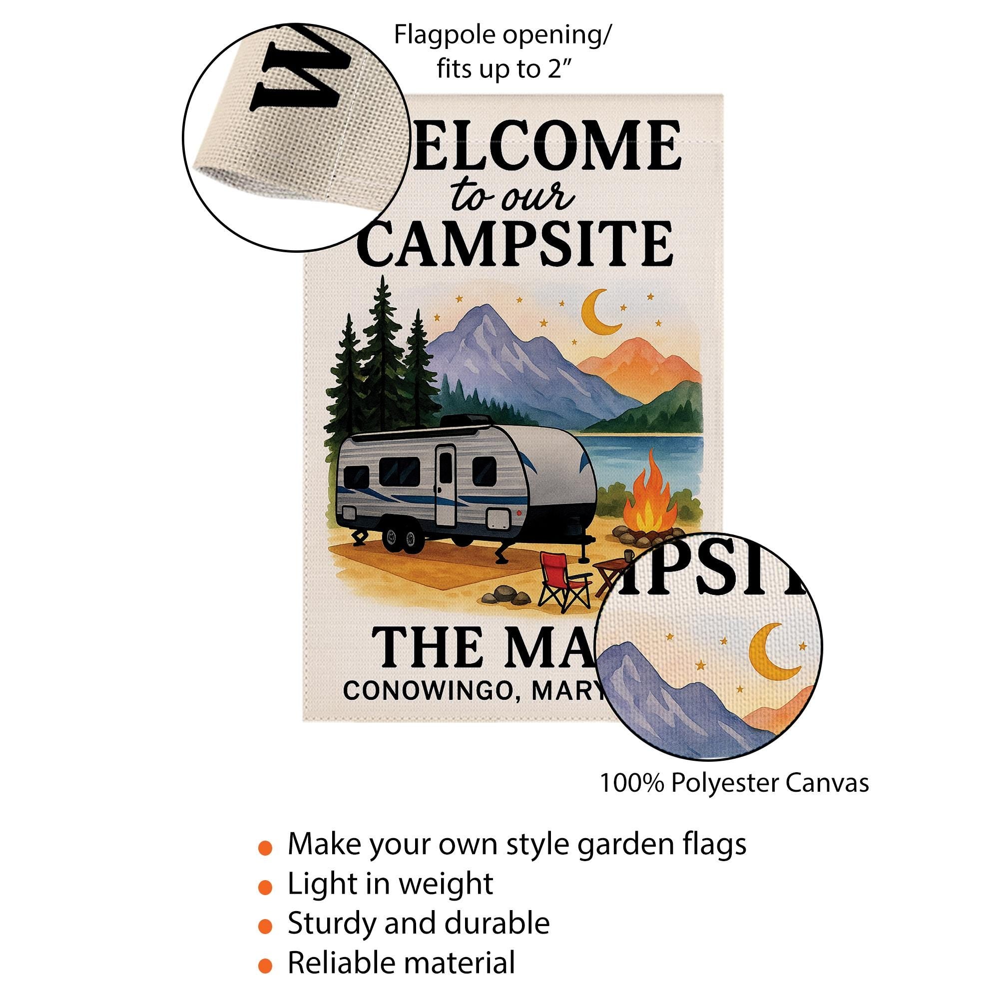 Welcome to Our Campsite Garden Flag: Personalized Camper Yard Sign with Mountains and Campfire