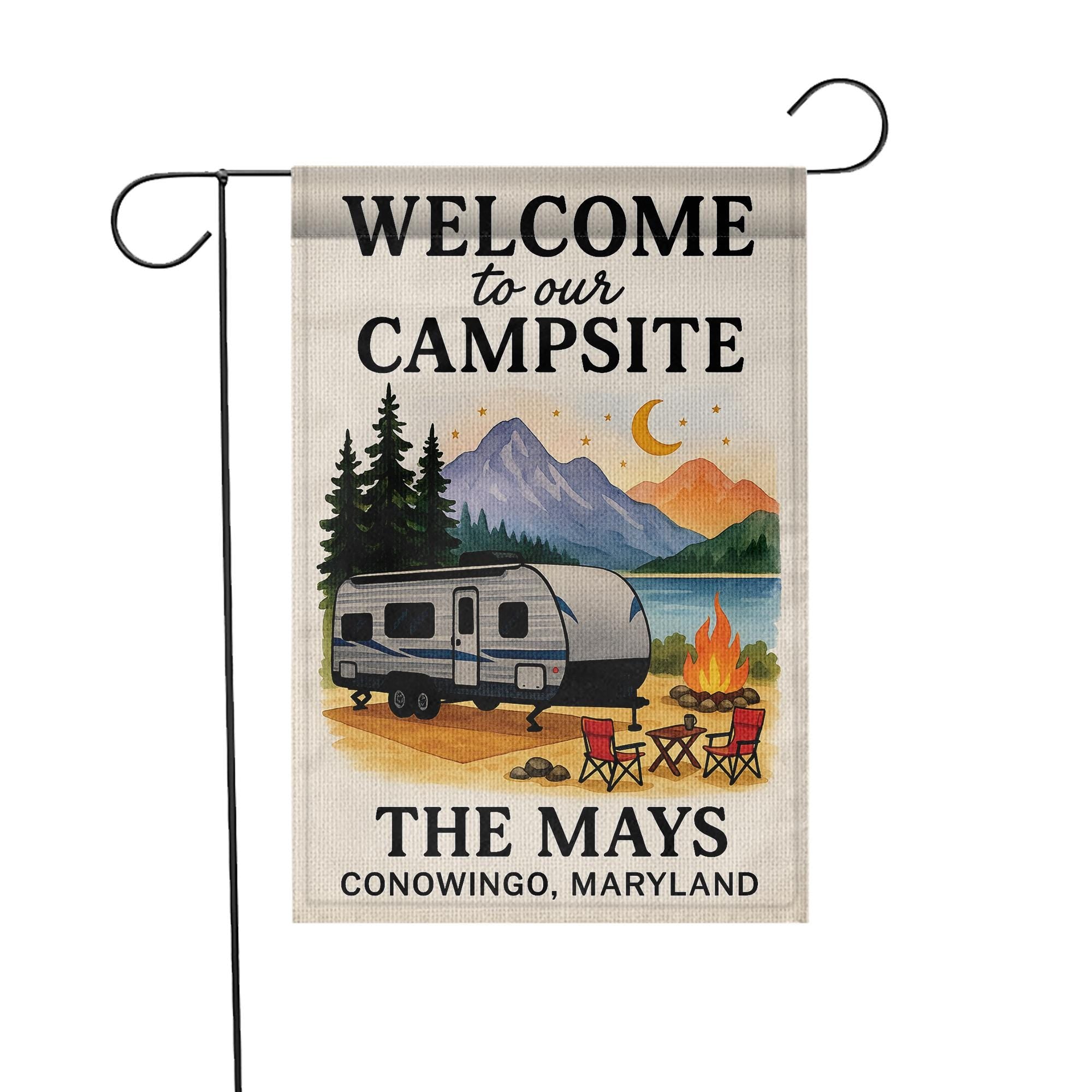Welcome to Our Campsite Garden Flag: Personalized Camper Yard Sign with Mountains and Campfire