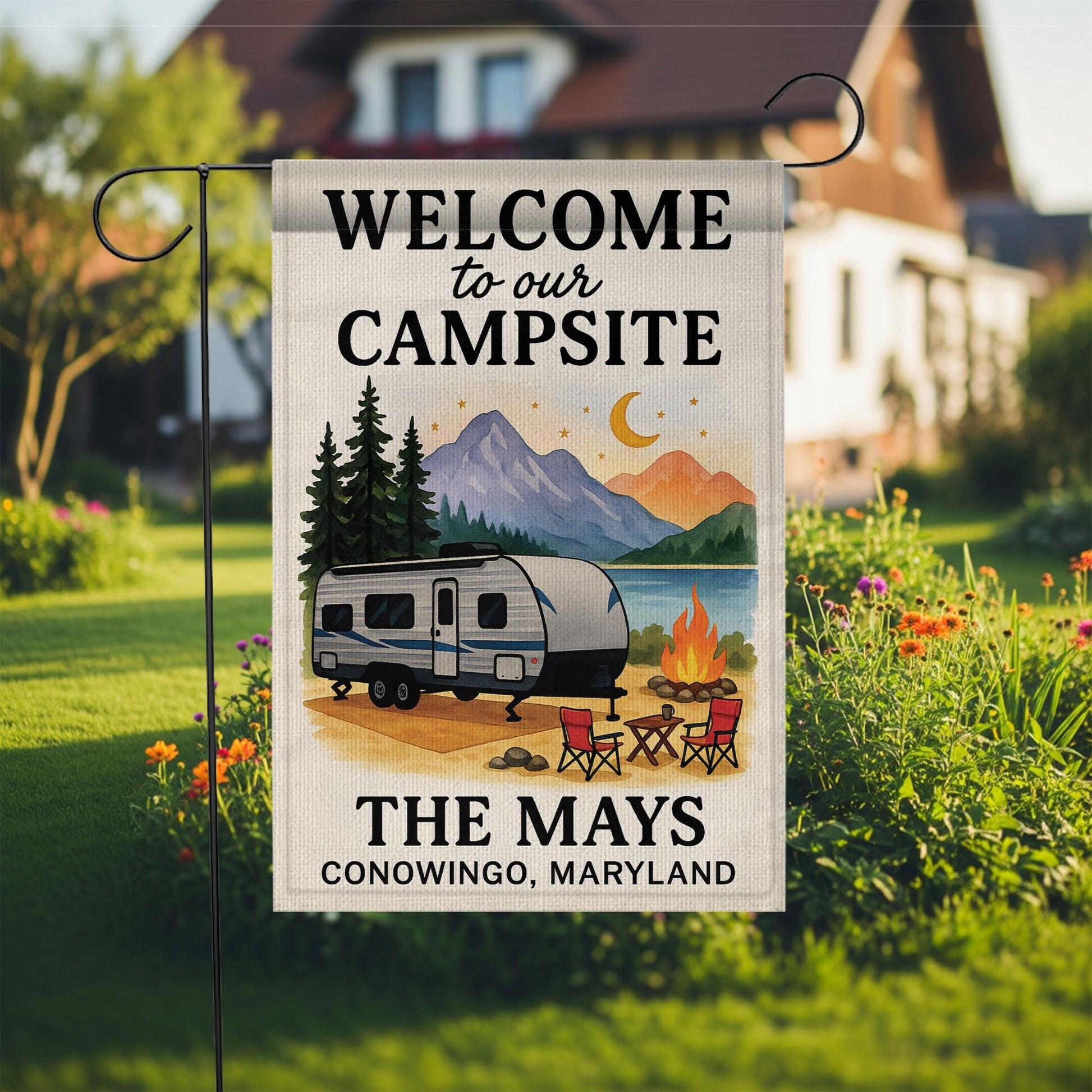 Welcome to Our Campsite Garden Flag: Personalized Camper Yard Sign with Mountains and Campfire