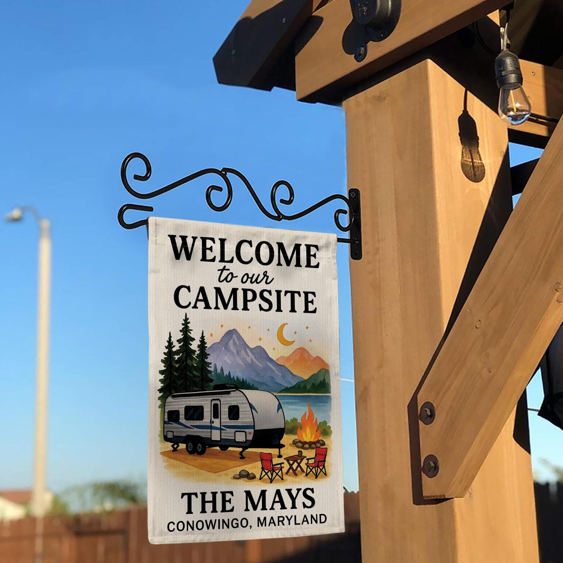 Welcome to Our Campsite Garden Flag: Personalized Camper Yard Sign with Mountains and Campfire