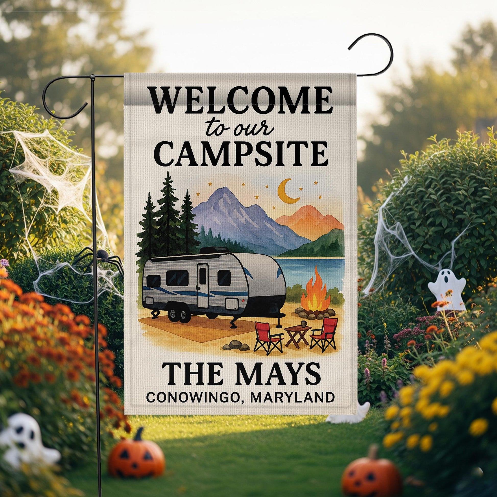 Welcome to Our Campsite Garden Flag: Personalized Camper Yard Sign with Mountains and Campfire