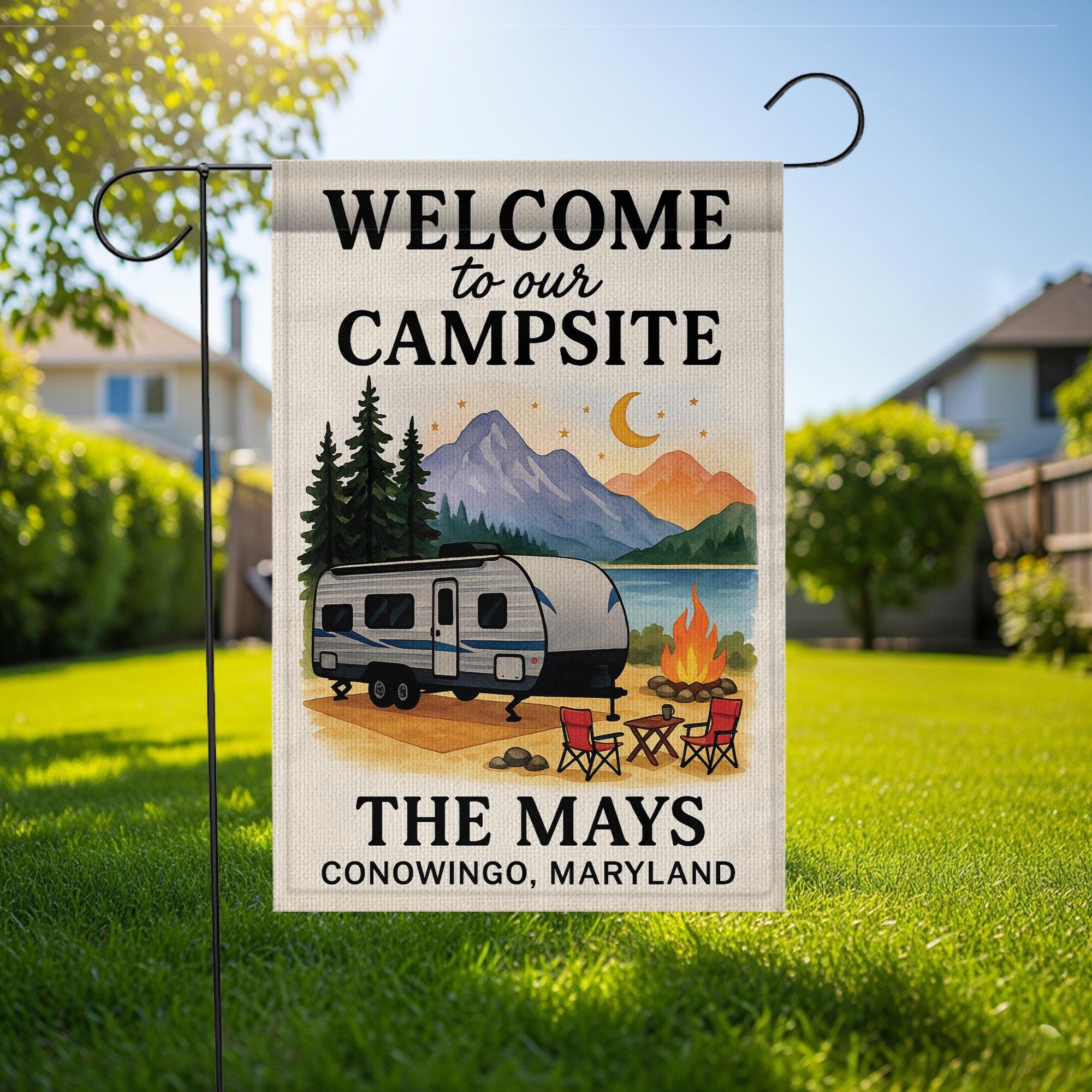 Welcome to Our Campsite Garden Flag: Personalized Camper Yard Sign with Mountains and Campfire