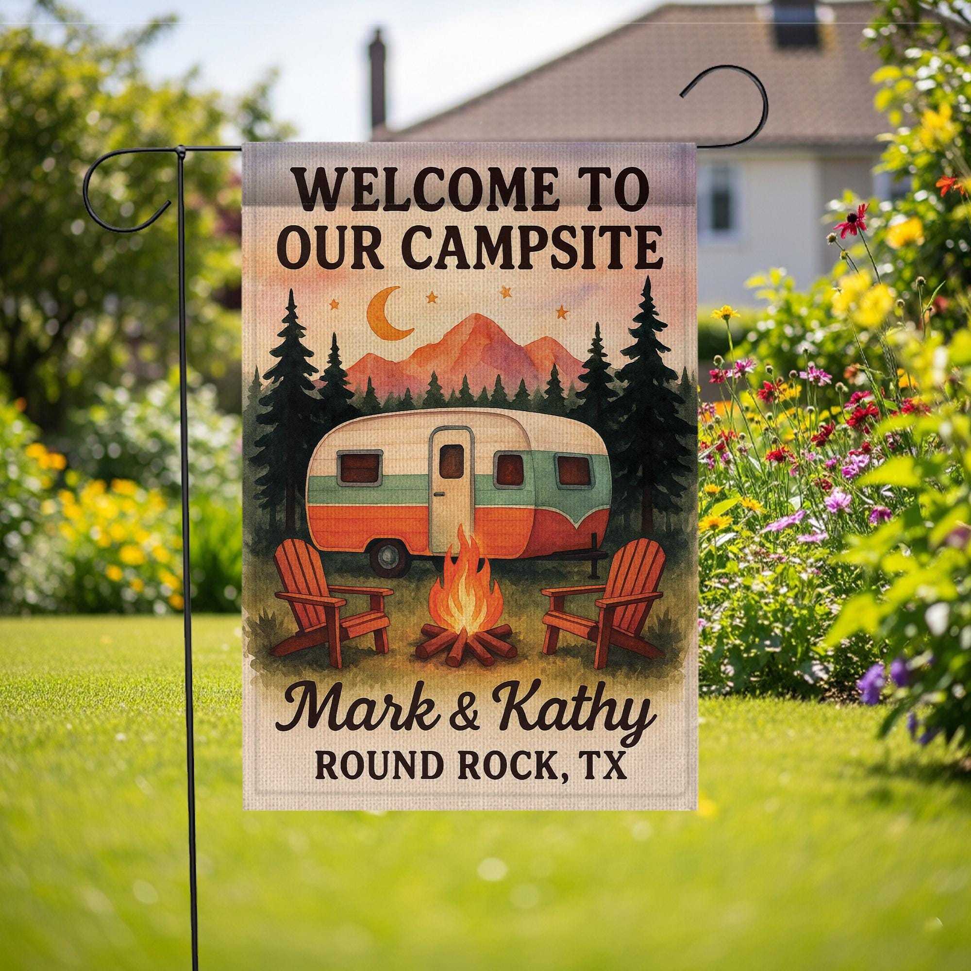 Welcome to Our Campsite Garden Flag: Personalized Camper Yard Decor with Campfire