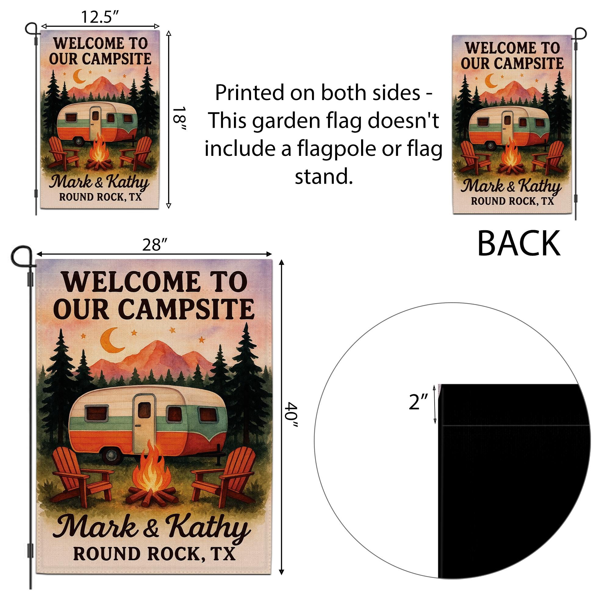Welcome to Our Campsite Garden Flag: Personalized Camper Yard Decor with Campfire