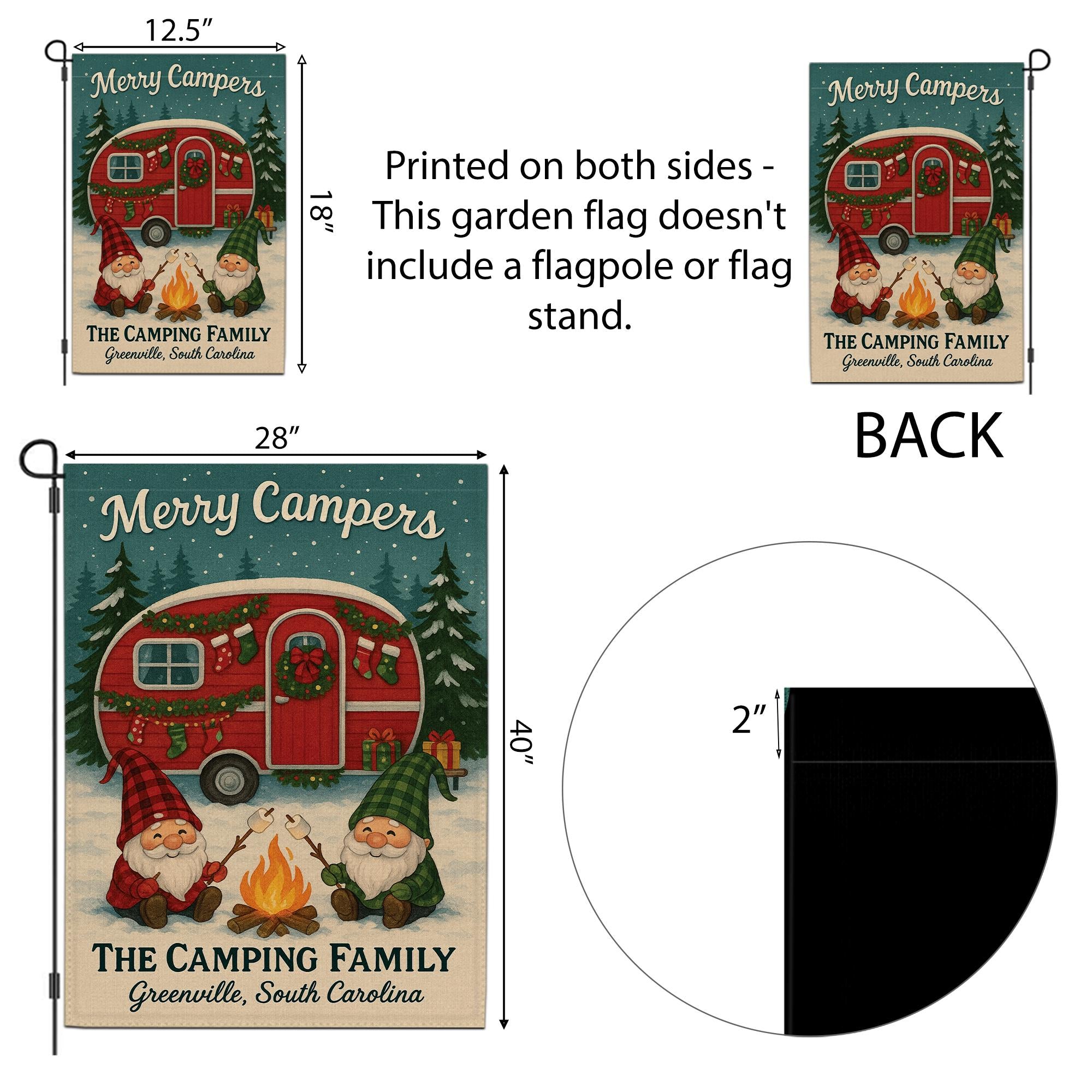 Merry Campers Christmas Garden Flag: Personalized Holiday Camper Yard Decor with Gnomes