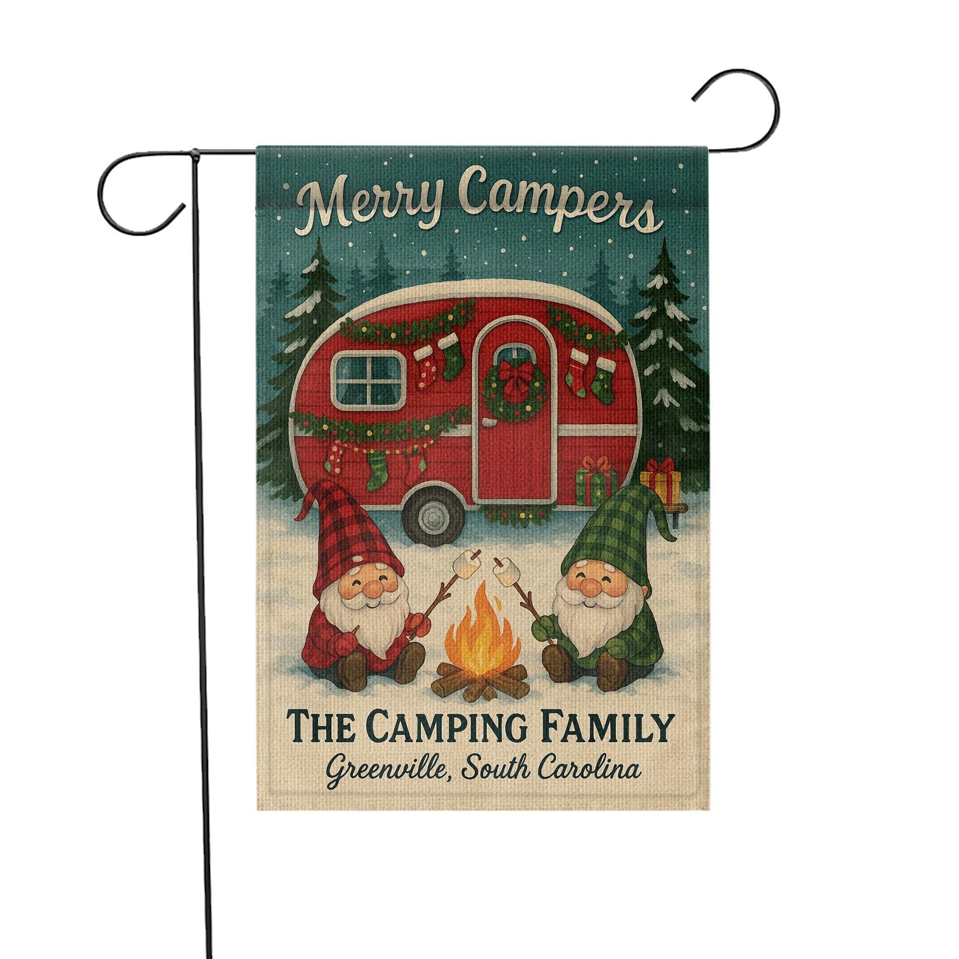 Merry Campers Christmas Garden Flag: Personalized Holiday Camper Yard Decor with Gnomes