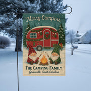 Merry Campers Christmas Garden Flag: Personalized Holiday Camper Yard Decor with Gnomes