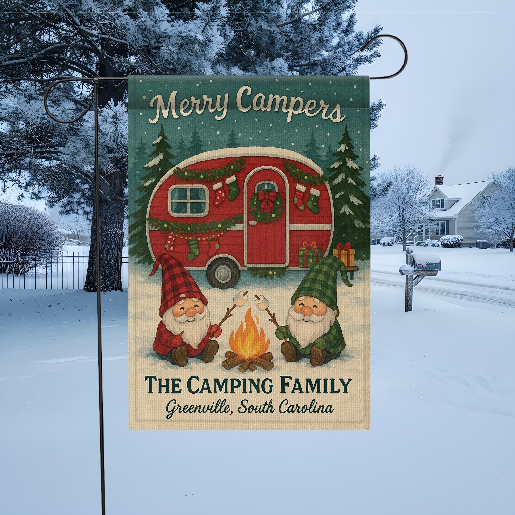 Merry Campers Christmas Garden Flag: Personalized Holiday Camper Yard Decor with Gnomes