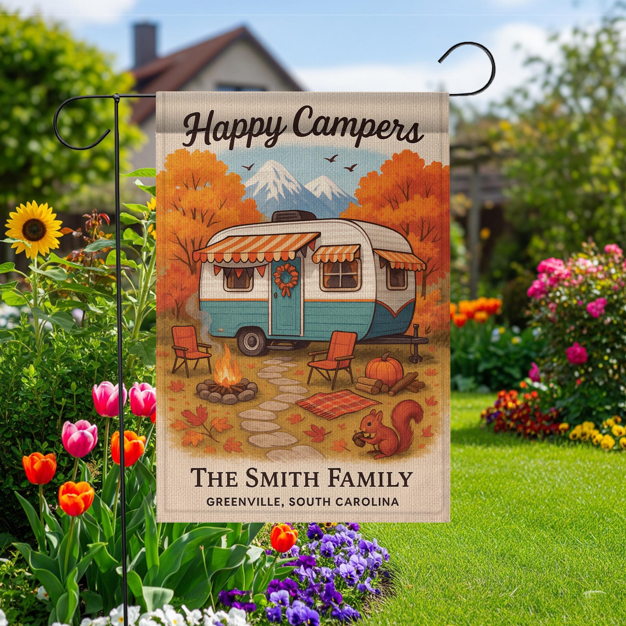 Happy Campers Garden Flag: Personalized Fall Camper Yard Decor with Mountains and Campfire
