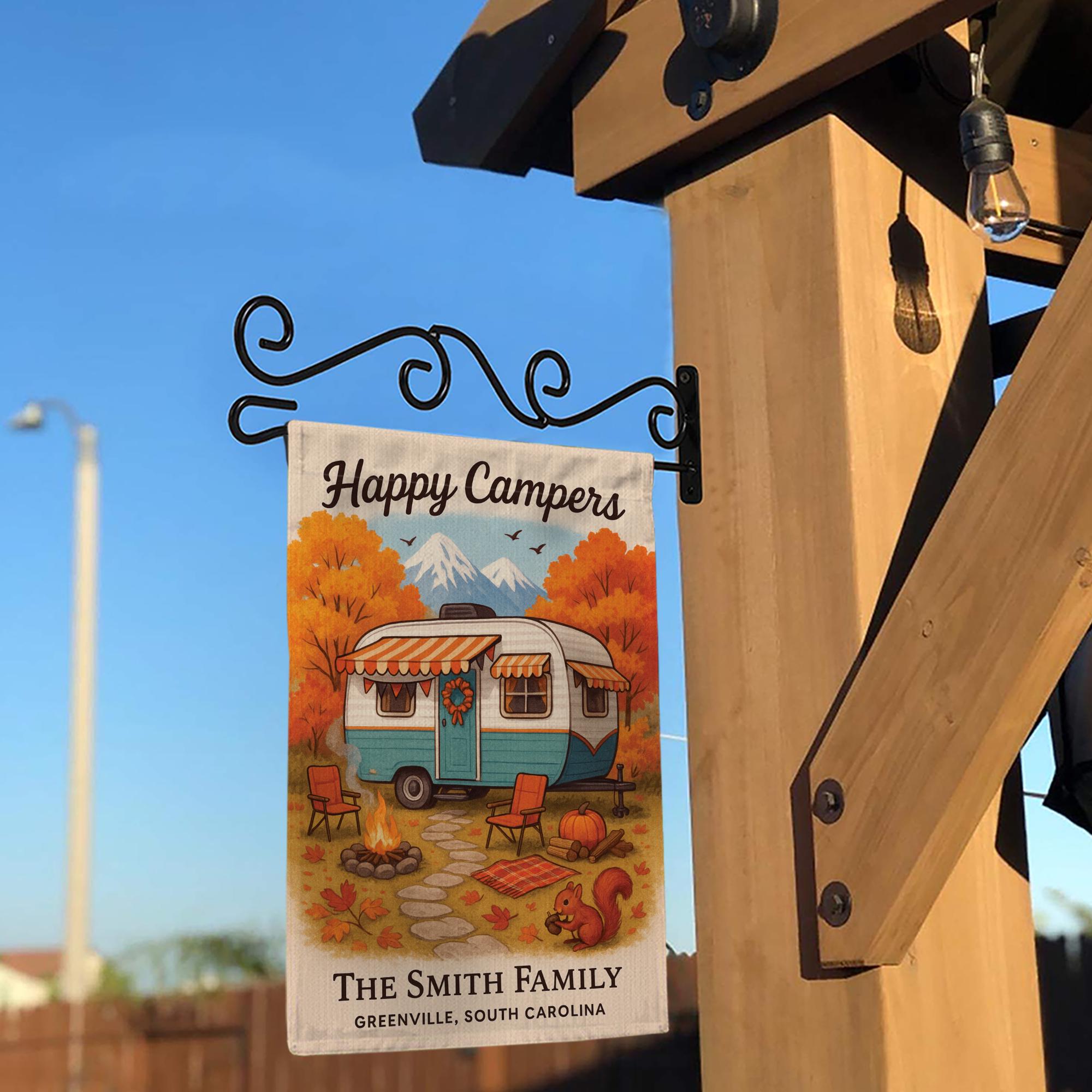 Happy Campers Garden Flag: Personalized Fall Camper Yard Decor with Mountains and Campfire