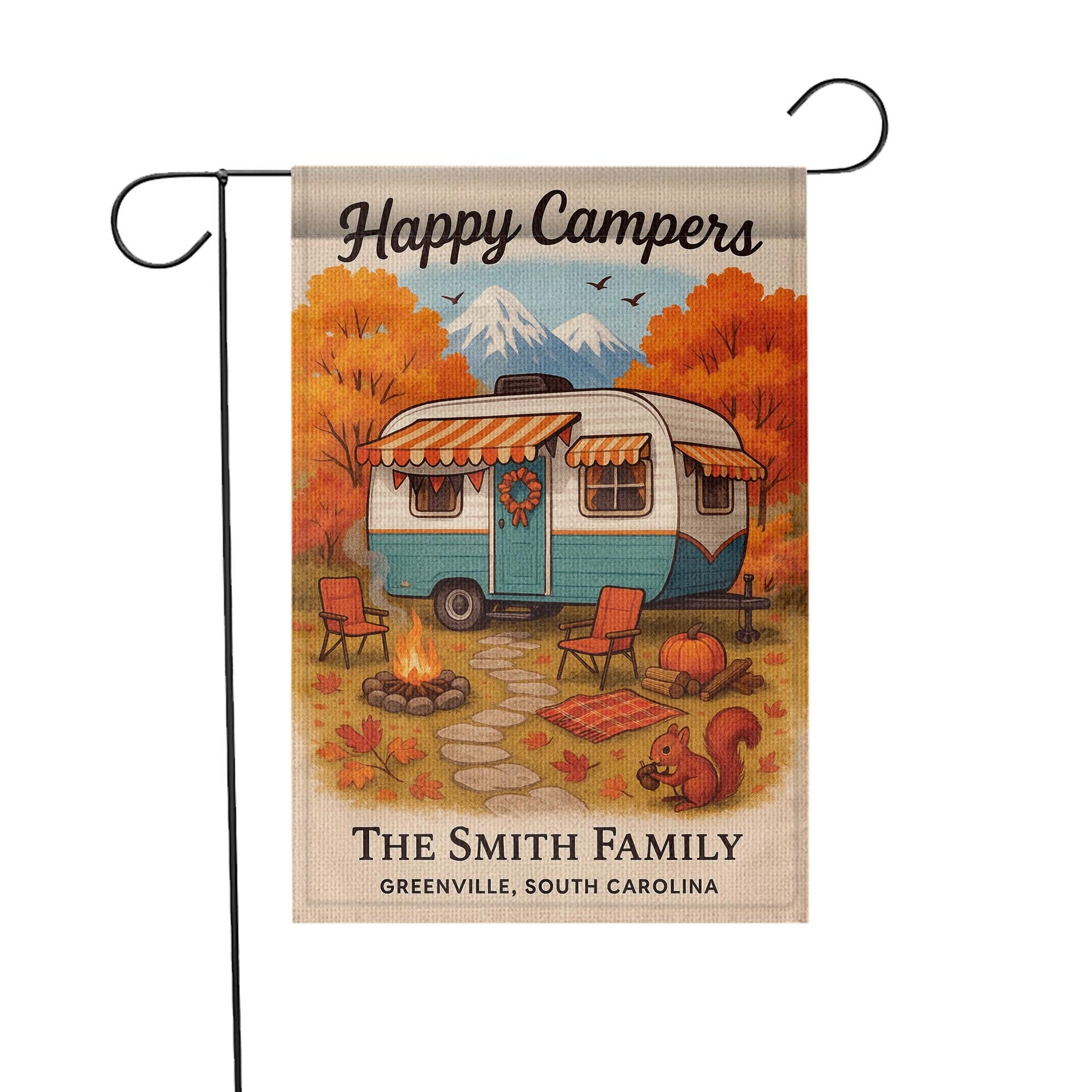 Happy Campers Garden Flag: Personalized Fall Camper Yard Decor with Mountains and Campfire