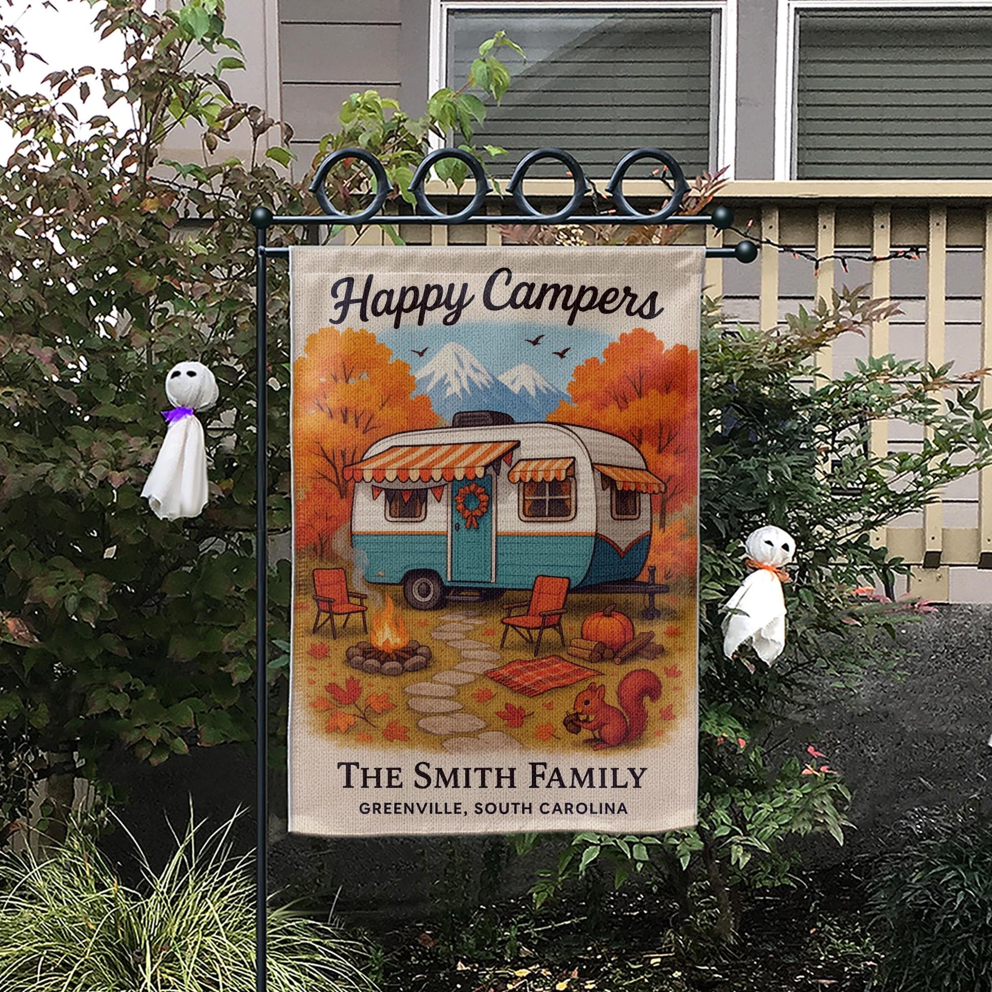 Happy Campers Garden Flag: Personalized Fall Camper Yard Decor with Mountains and Campfire