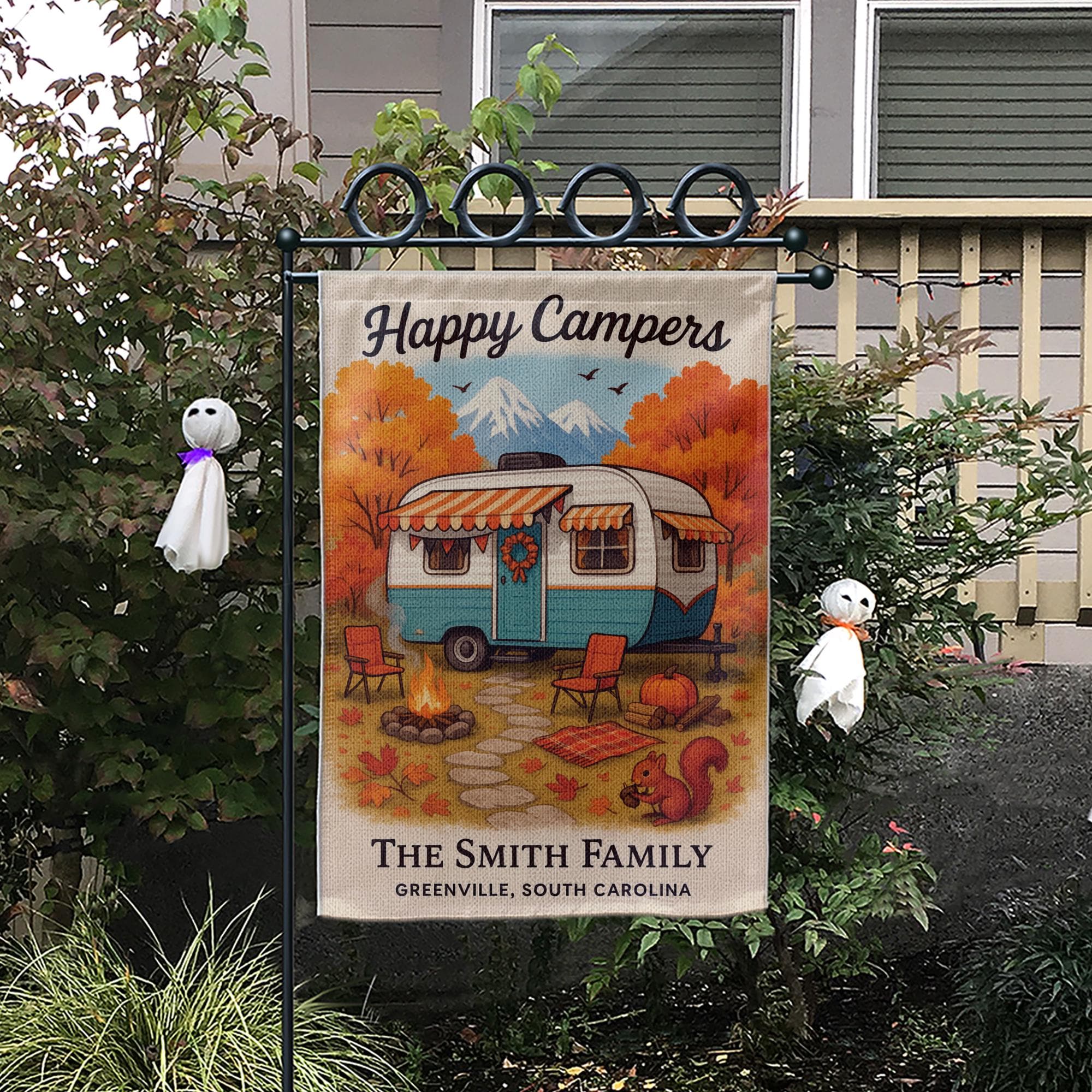 Happy Campers Garden Flag: Personalized Fall Camper Yard Decor with Mountains and Campfire