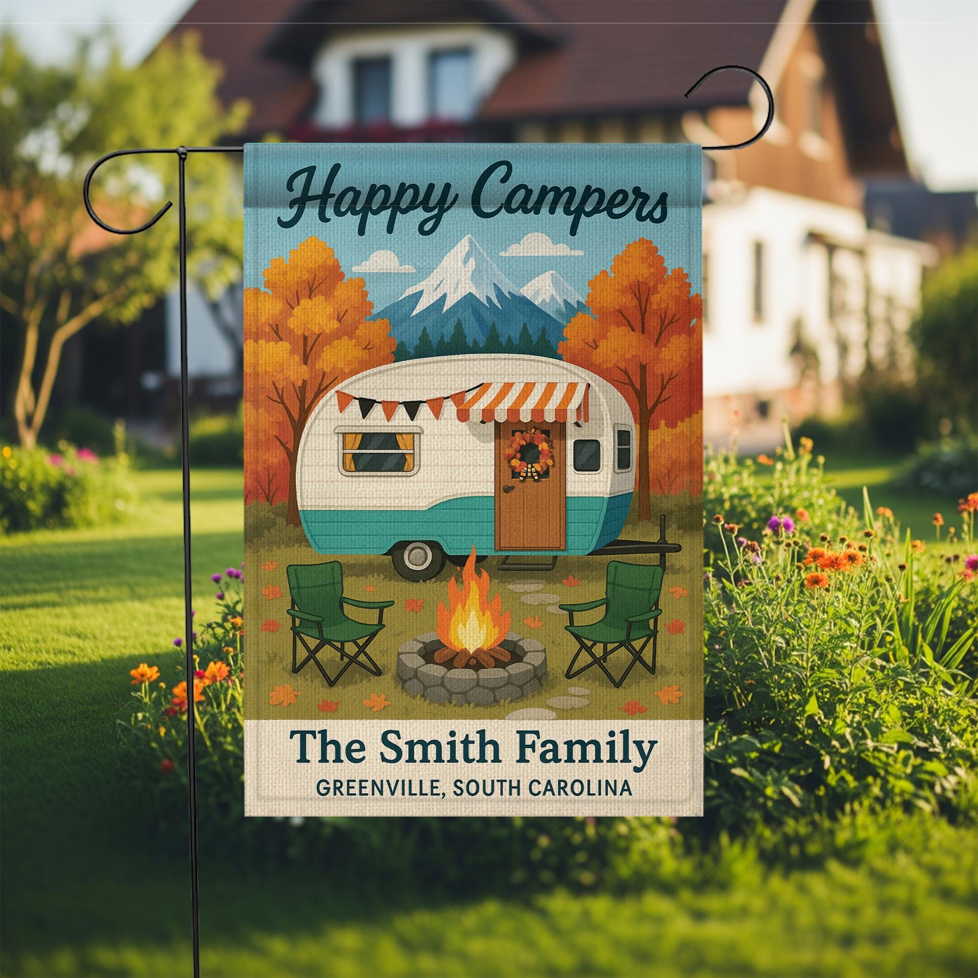 Happy Campers Garden Flag: Personalized Camper Yard Sign with Mountains and Campfire