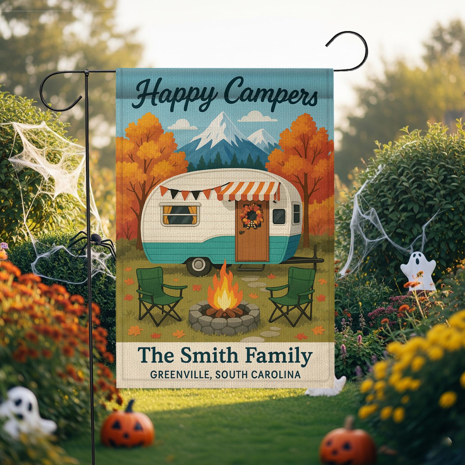 Happy Campers Garden Flag: Personalized Camper Yard Sign with Mountains and Campfire