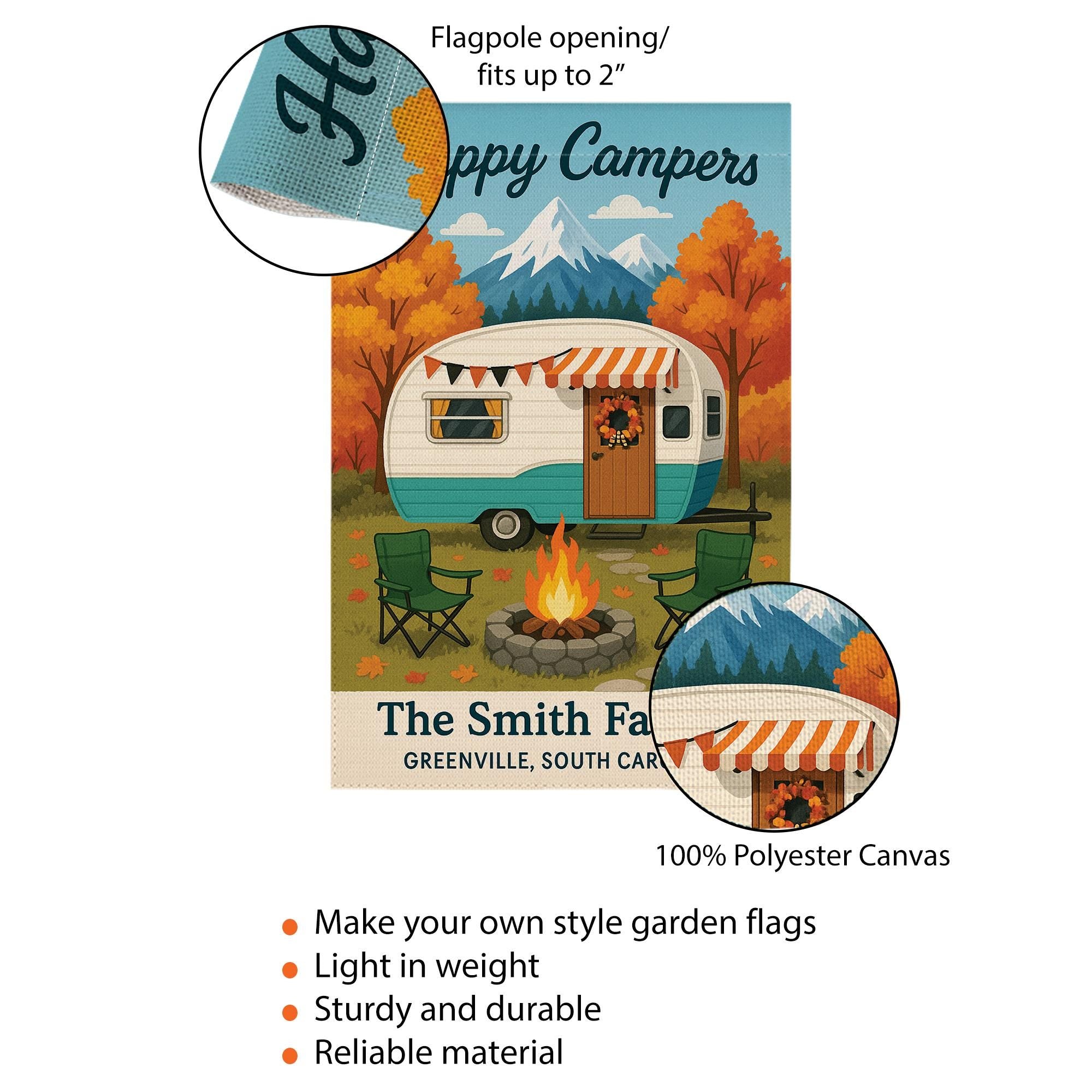 Happy Campers Garden Flag: Personalized Camper Yard Sign with Mountains and Campfire