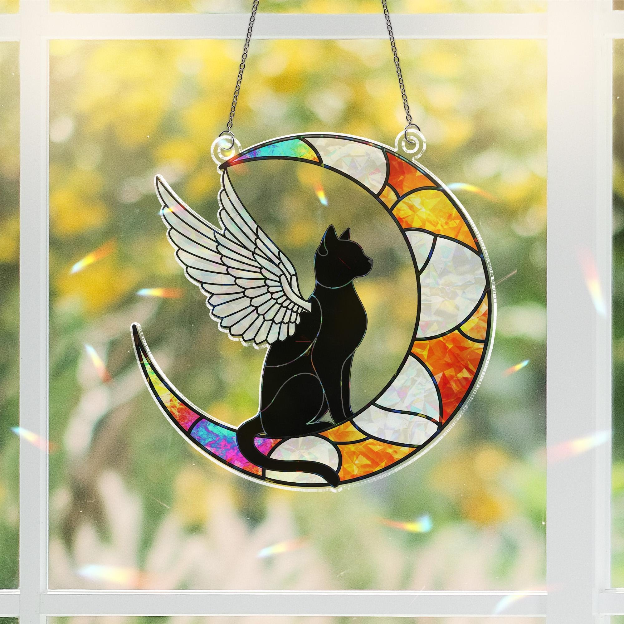 Cat Angel Moon Hologram Window Hanging: Fauxed Stained Glass Look Suncatcher