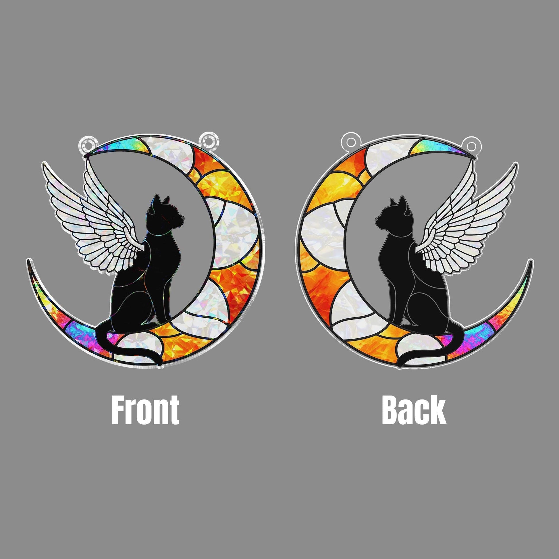 Cat Angel Moon Hologram Window Hanging: Fauxed Stained Glass Look Suncatcher