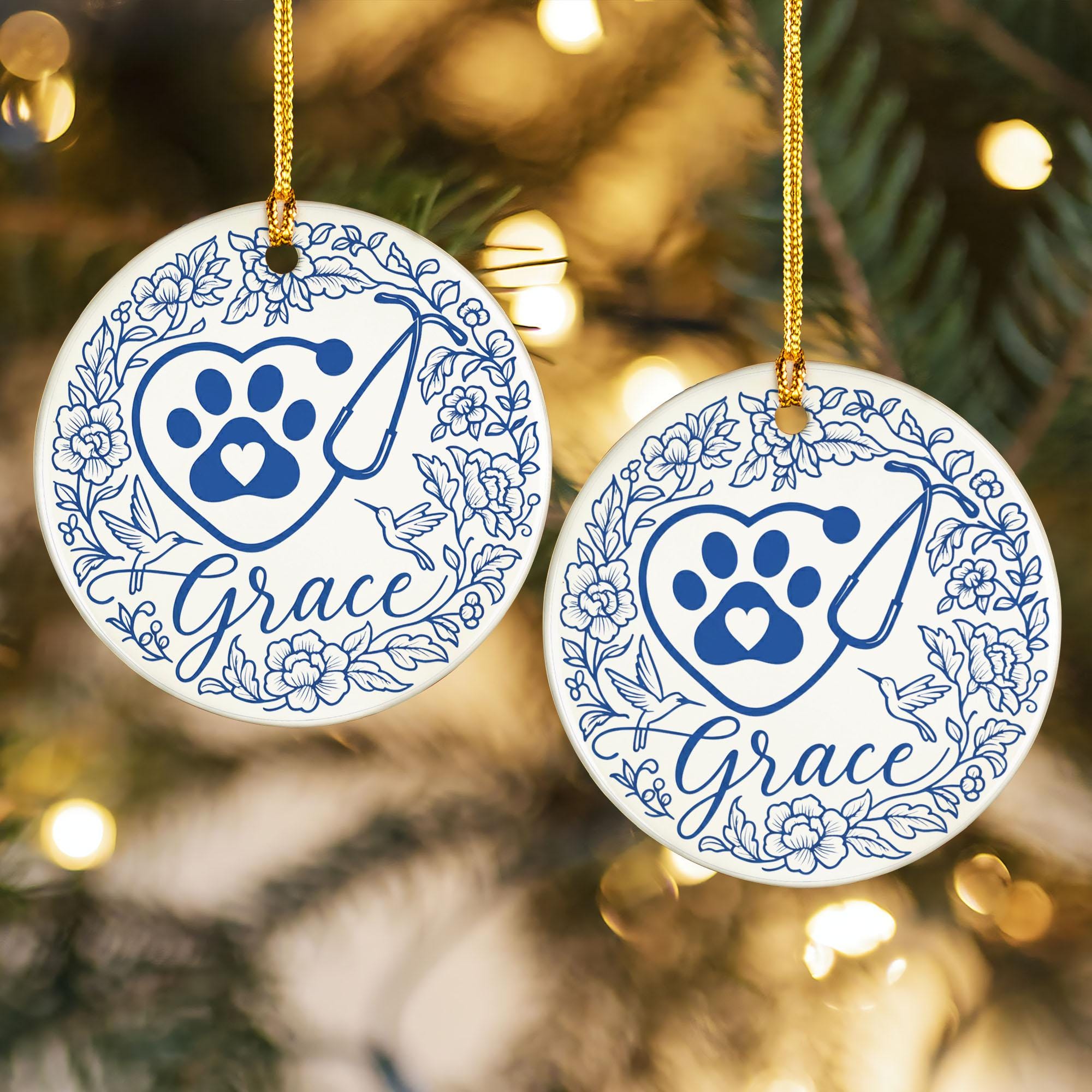 Personalized Vet Christmas Ornament: Paw Print Stethoscope Ceramic Decor