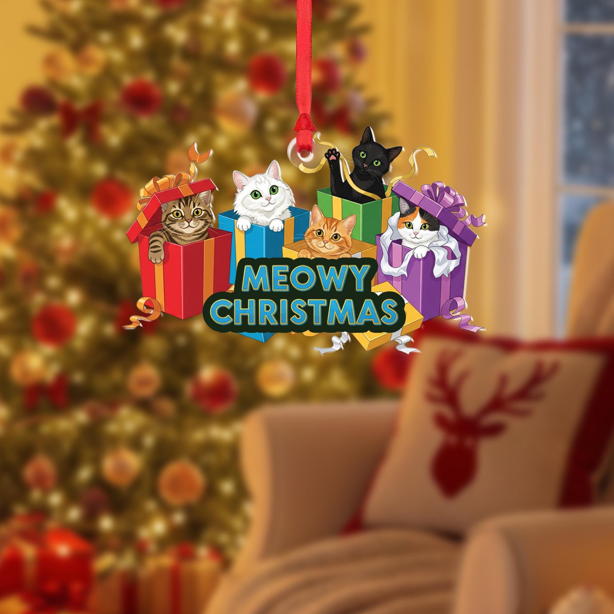 Meowy Christmas Cat Ornament, Cute Holiday Cat Lovers Gift, Funny Christmas Tree Decoration, Cat Lover Stocking Stuffer