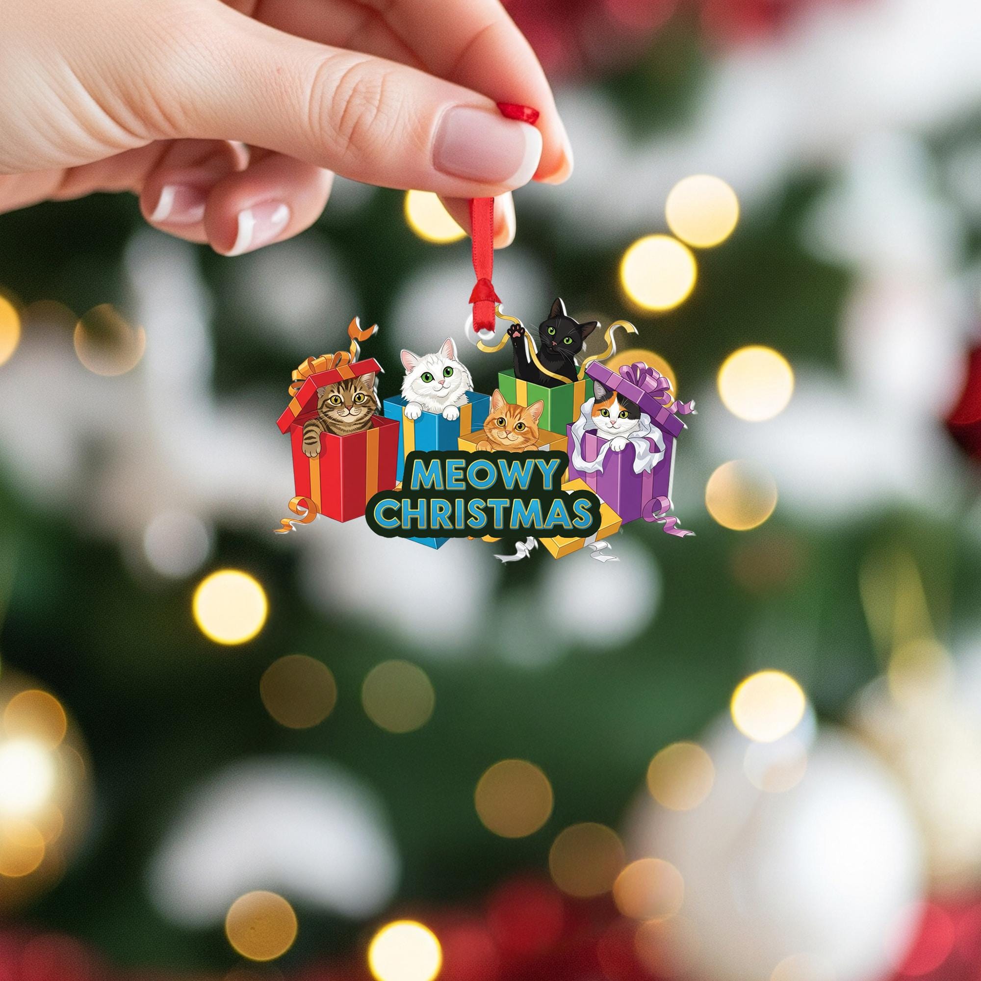 Meowy Christmas Cat Ornament, Cute Holiday Cat Lovers Gift, Funny Christmas Tree Decoration, Cat Lover Stocking Stuffer