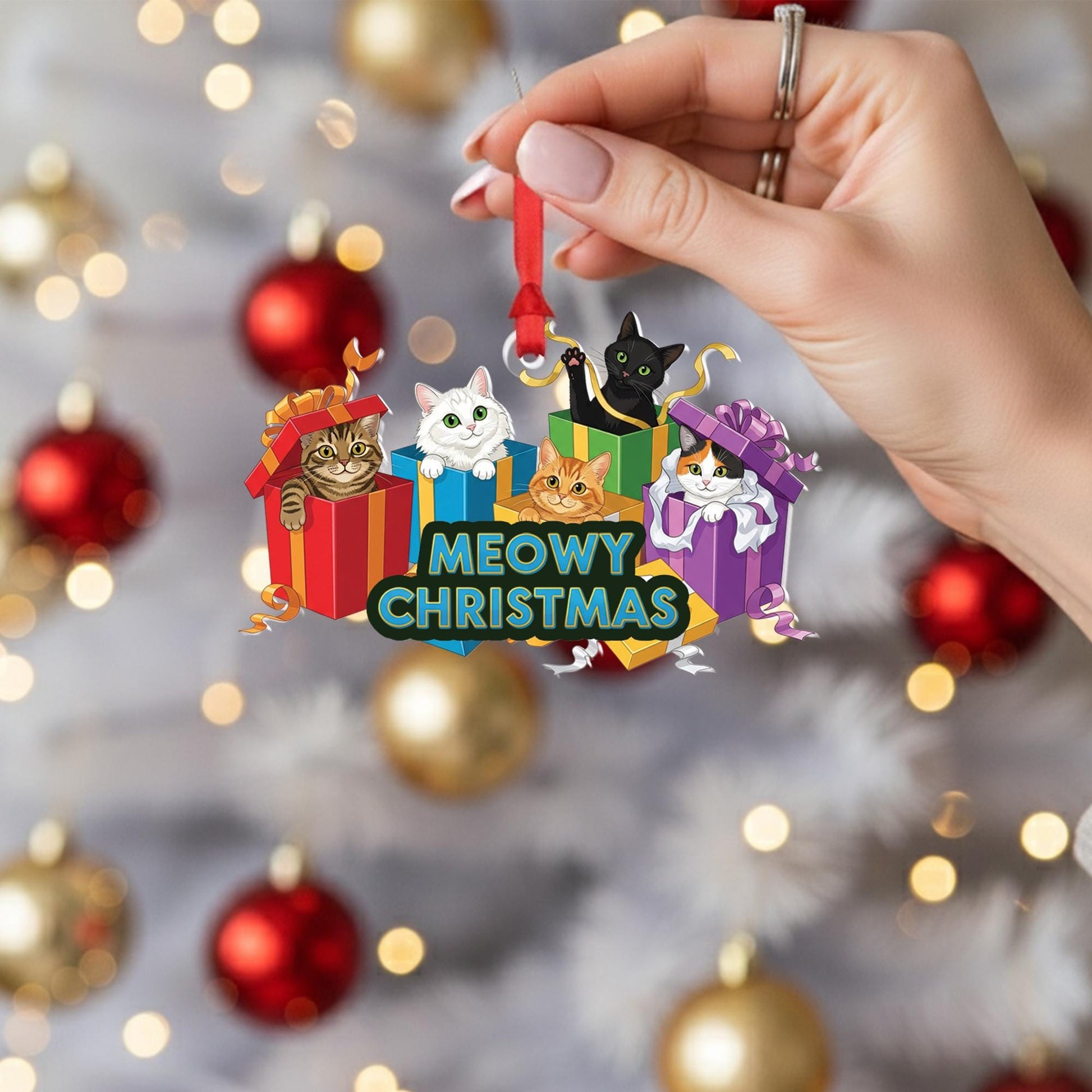 Meowy Christmas Cat Ornament, Cute Holiday Cat Lovers Gift, Funny Christmas Tree Decoration, Cat Lover Stocking Stuffer